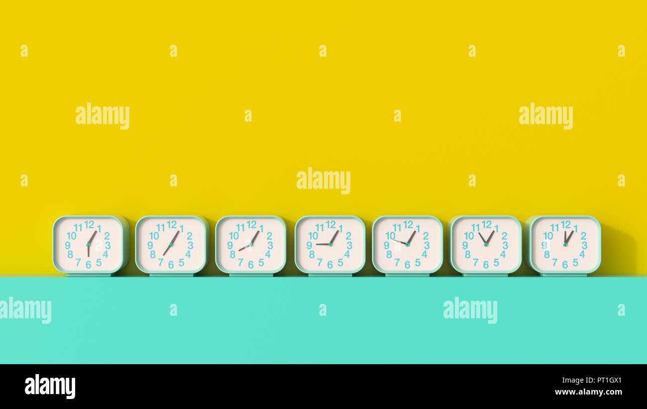 3D rendering, Row of alarm clocks, showing different times Stock Photo