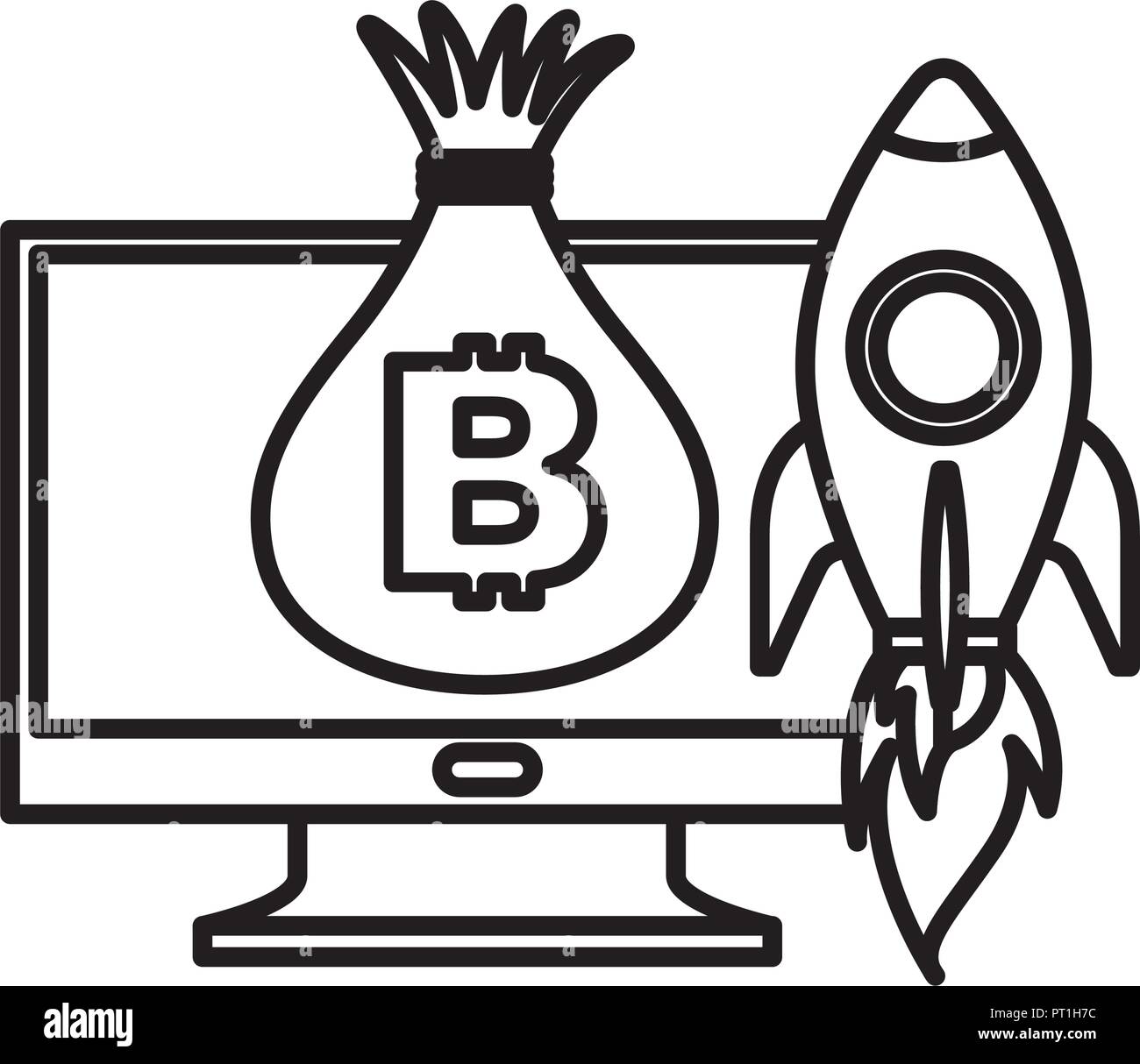 computer money bag and rocket launching Stock Vector