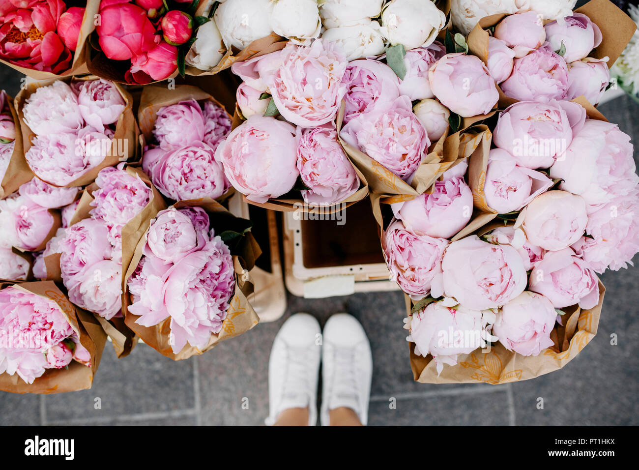 Bunches of peonies at flower market Stock Photo