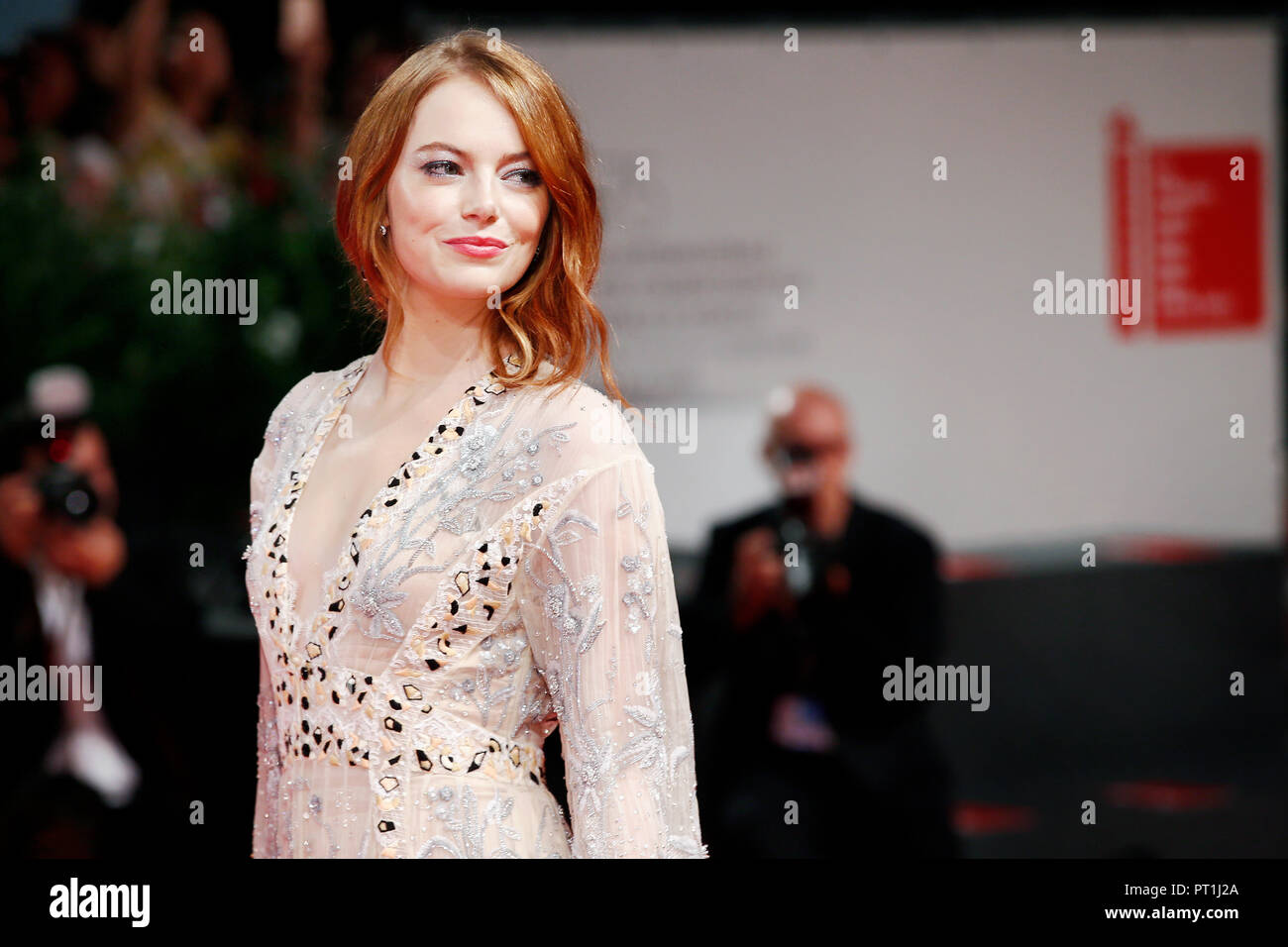 VENICE, ITALY - AUGUST 30: Emma Stone walks the red carpet of the movie 'The Favourite' during the 75th Venice Film Festival on August 30, 2018 in Ven Stock Photo