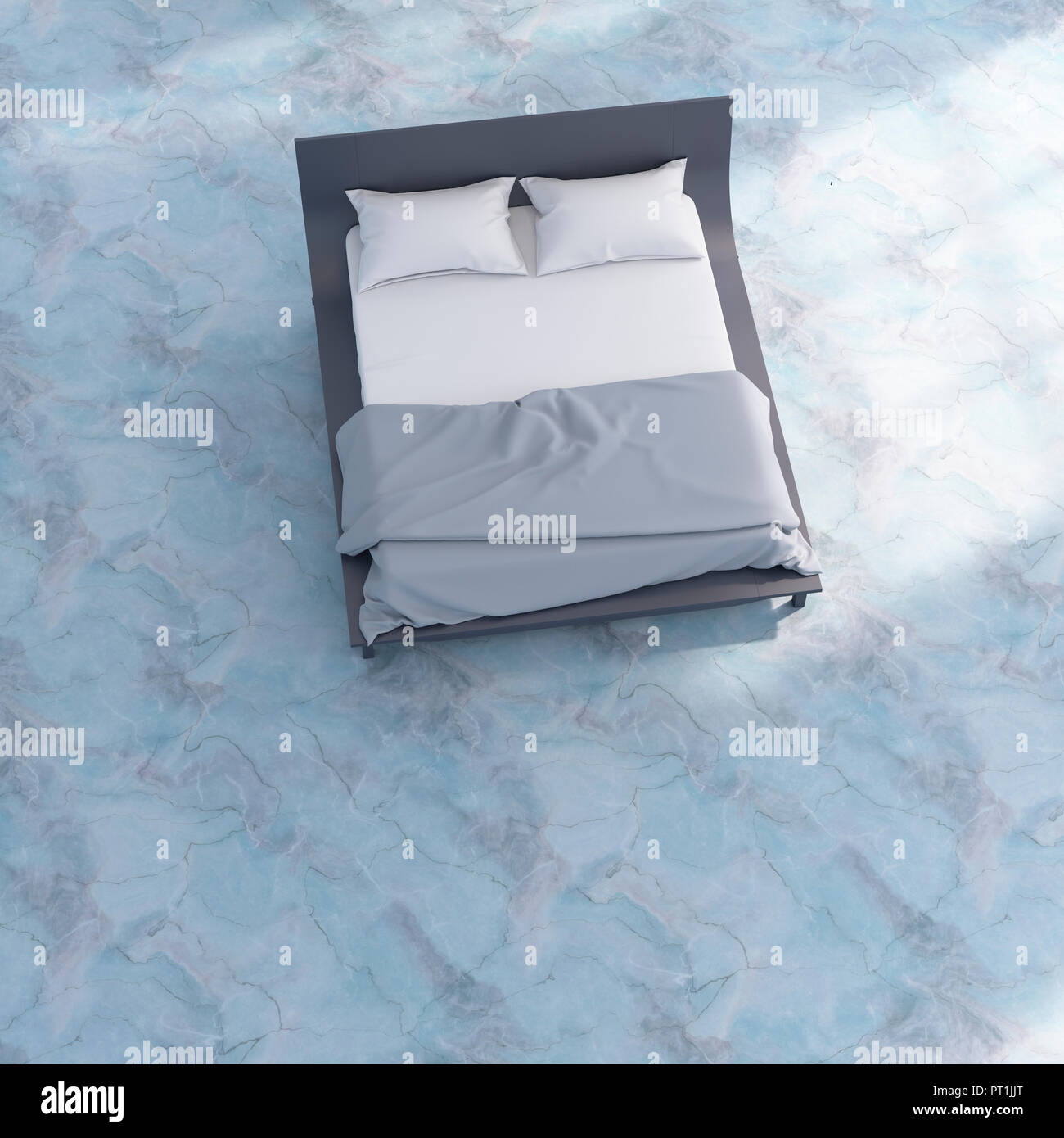 3D rendering, Bed with bedding on blue marble floor Stock Photo