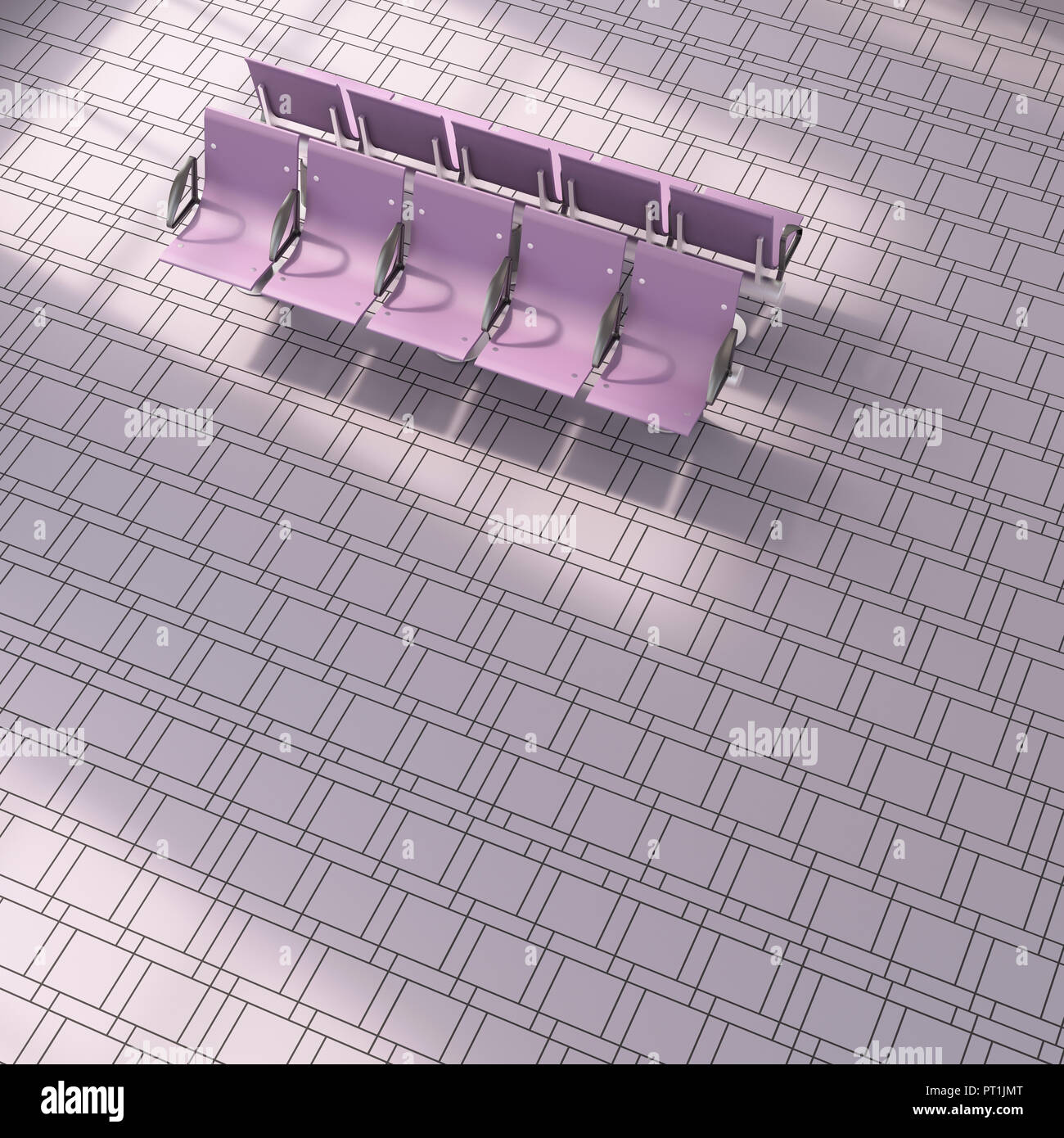 3D rendering, Purple row of seats on tiled floor Stock Photo