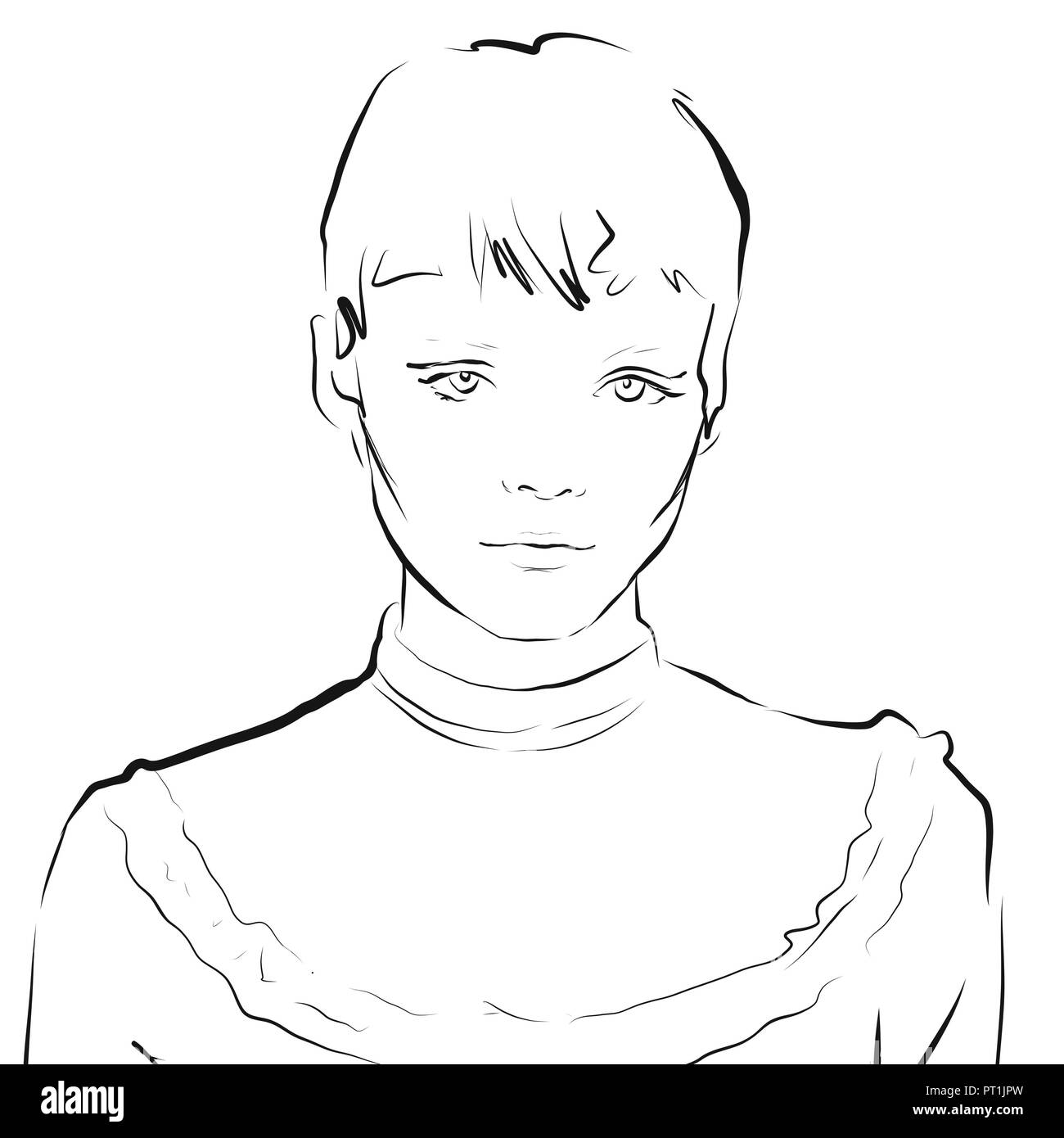 Fashion illustration black and white. Face close up young beautiful