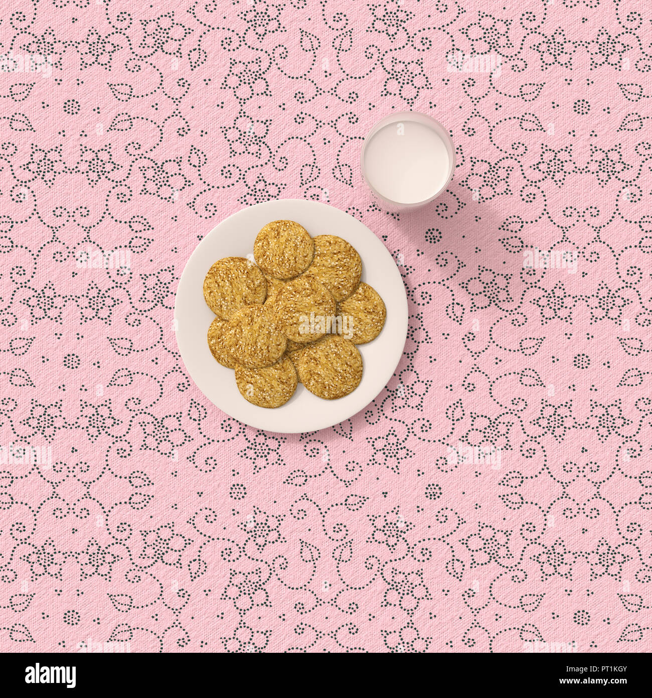 3D rendering, Oatmeal cookies on table cloth with floral pattern Stock Photo