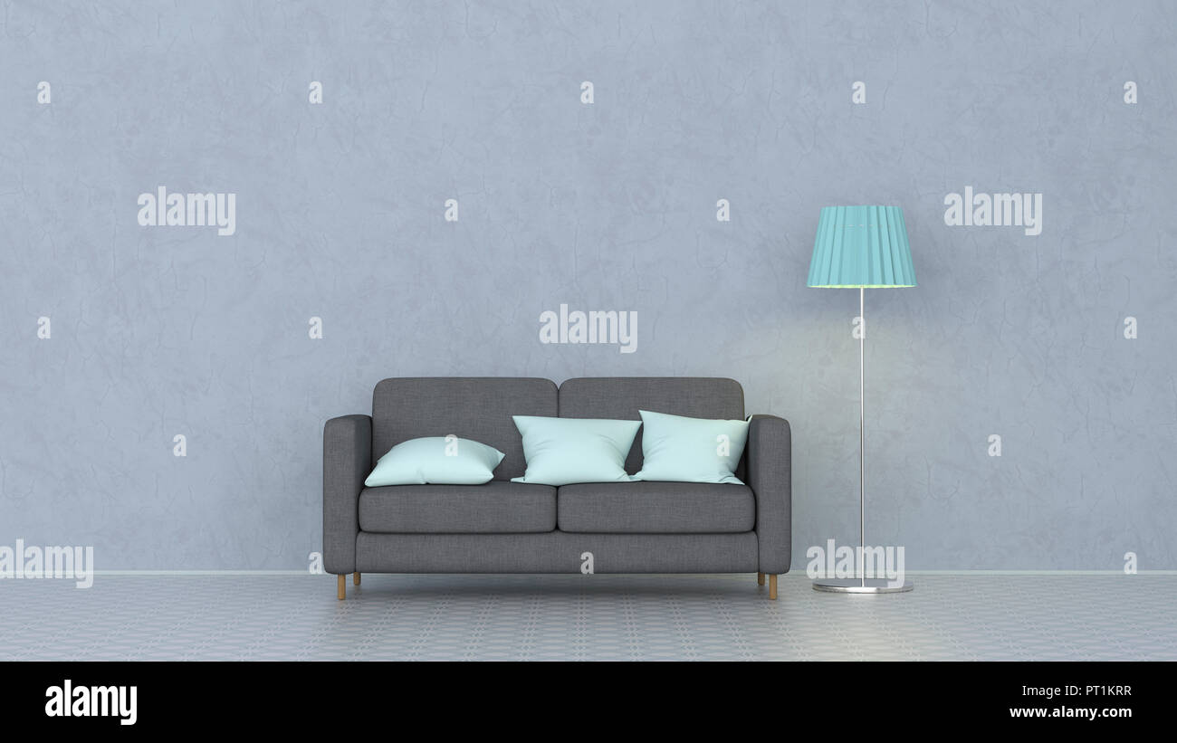 3D rendering, Couch with cushions and floor lamp Stock Photo