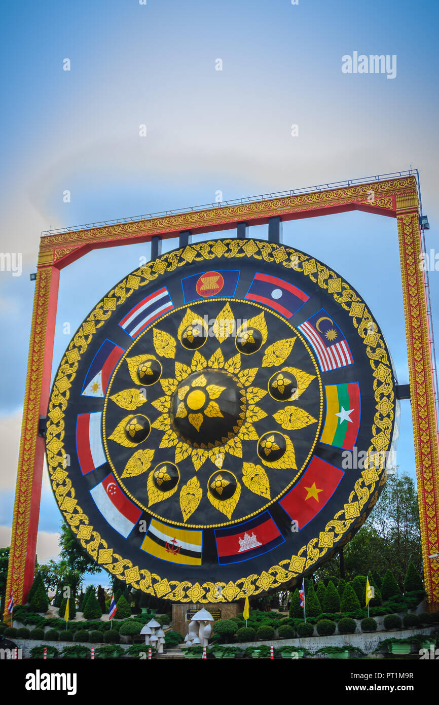 Beautiful Buddhist giant gong with southeast asian flags painted at Wat  Tham Khuha Sawan temple, Khong Chiam District, Ubon Ratchathani  Province,Thail Stock Photo - Alamy