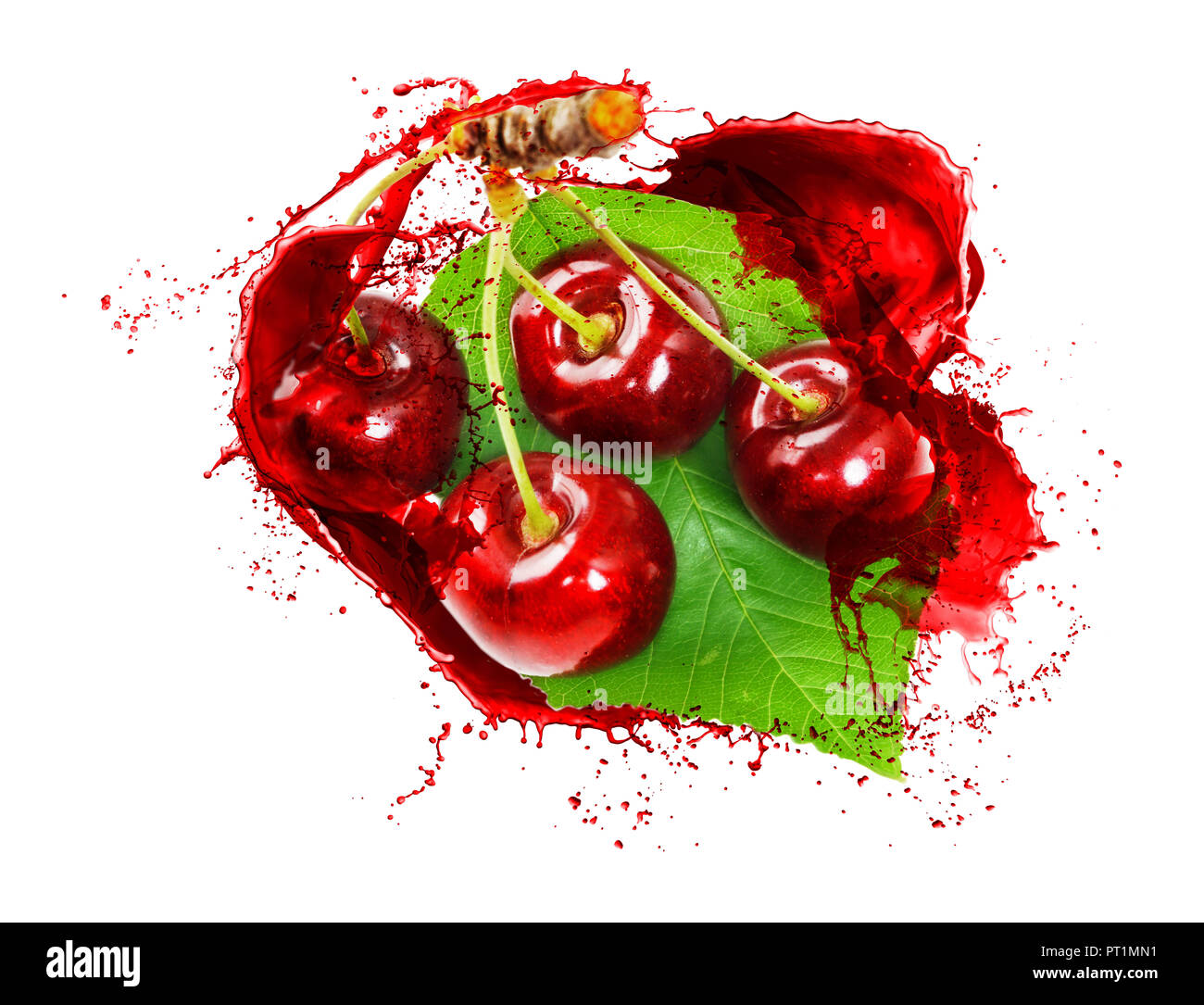 Cherries isolated on white, cherry juice splashes Stock Photo