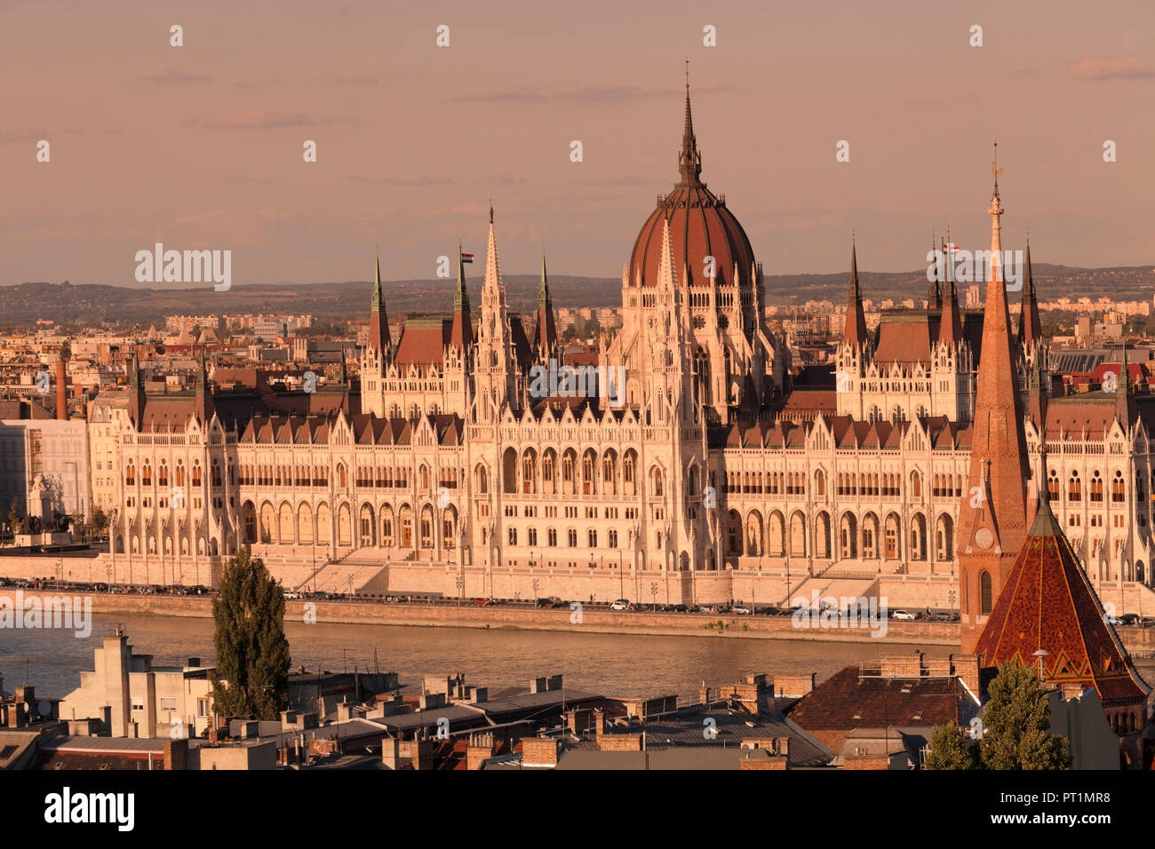 View from the castle hill to the parliament at sunset, Pest, Budapest, Hungary Stock Photo