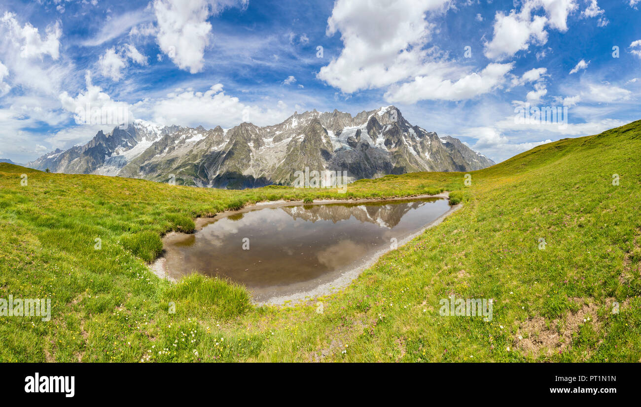 A panoramic view of the Mont Blanc Massif, from the summit of the Mont Blanc to the Grandes Jorasses (Mont de la Saxe, Ferret Valley, Courmayeur, Aosta province, Aosta Valley, Italy, Europe) Stock Photo