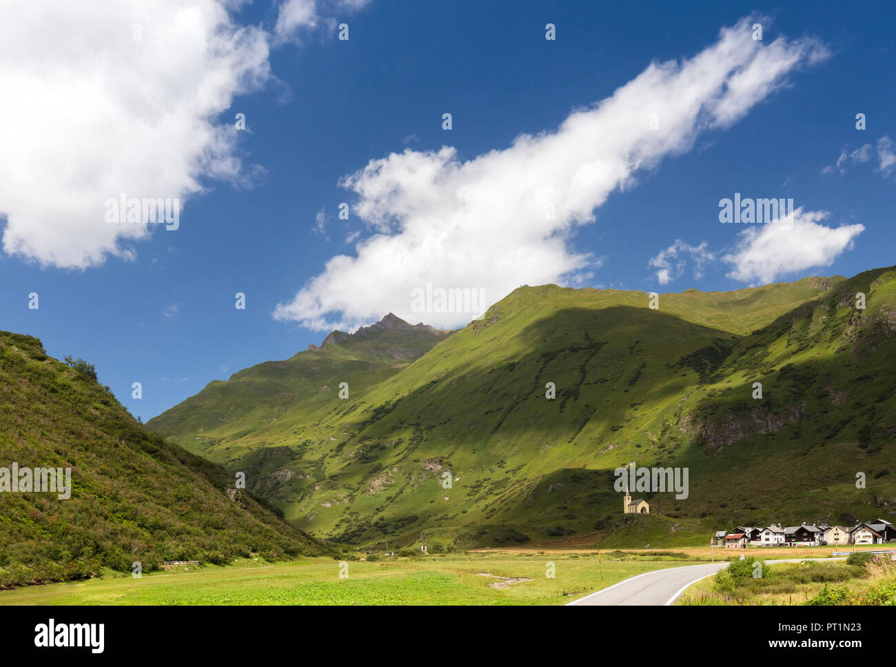 View of the church and town of Riale in summer, Formazza, Valle Formazza, Verbano Cusio Ossola, Piedmont, Italy, Stock Photo