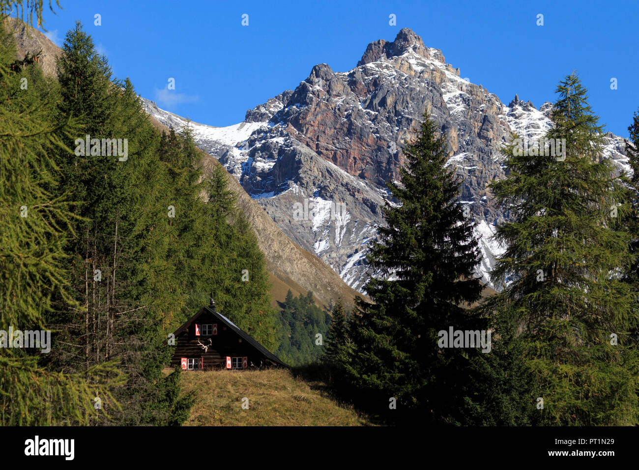 Parkhütte Varusch at the begininning of Swiss National Park with Piz Saliente in the background, val Trupchun, S-Chanf, Engadin, Canton Grisons, Switzerland, Europe Stock Photo
