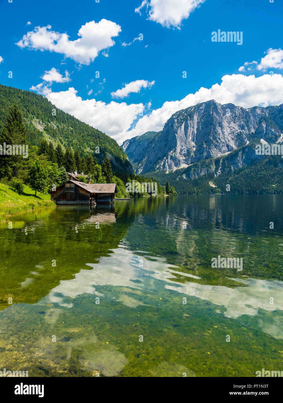 Austria, Styria, Altaussee, boathouse at Altausseer See with Trisselwand at in the background Stock Photo