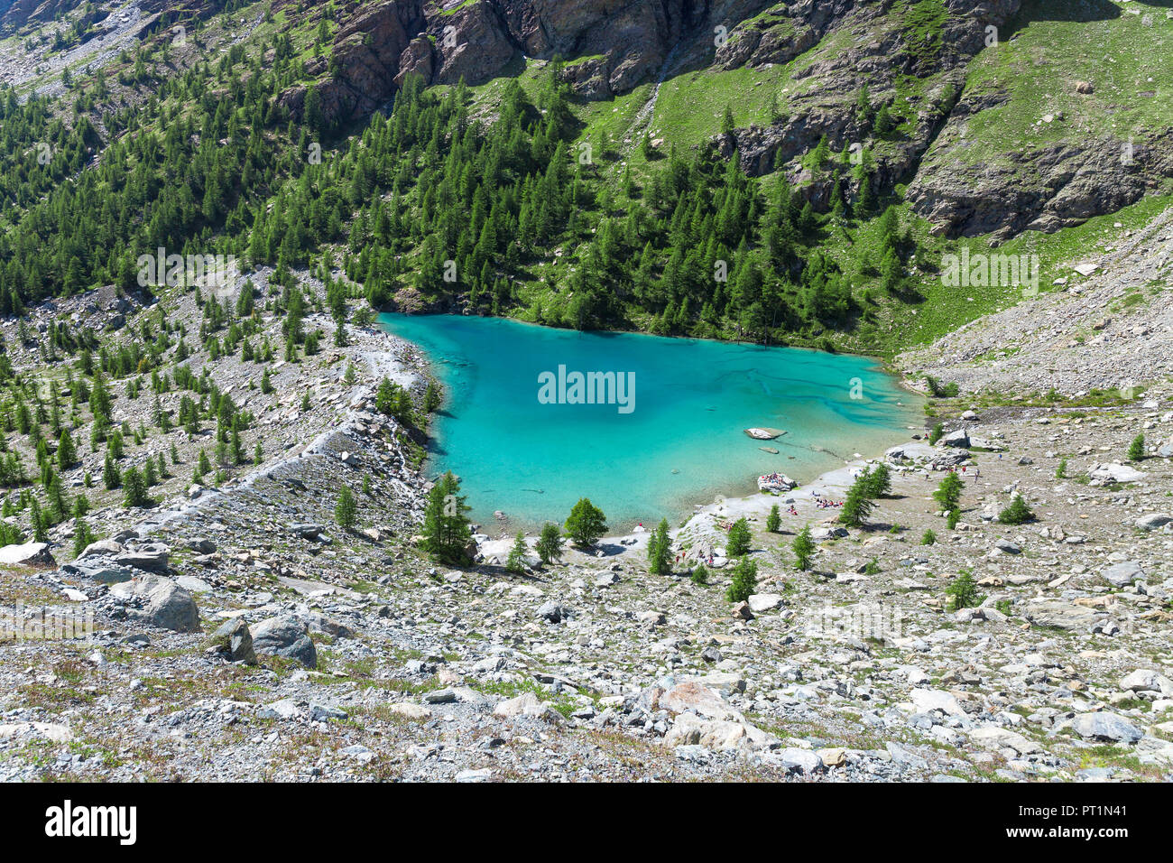 The green water of the Blu Lake at the foot of Monte Rosa Massif in Ayas Valley (Champoluc, Ayas Valley, Aosta province, Aosta Valley, Italy, Europe) Stock Photo