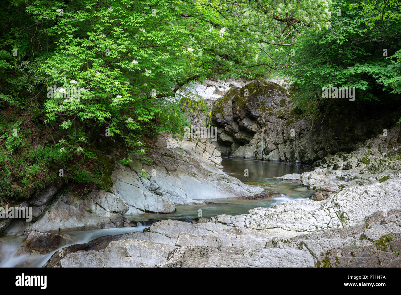 Waterfalls of the river Breggia at Breggia gorges, Muggio Valley, Mendrisio District, Canton Ticino, Switzerland, Stock Photo