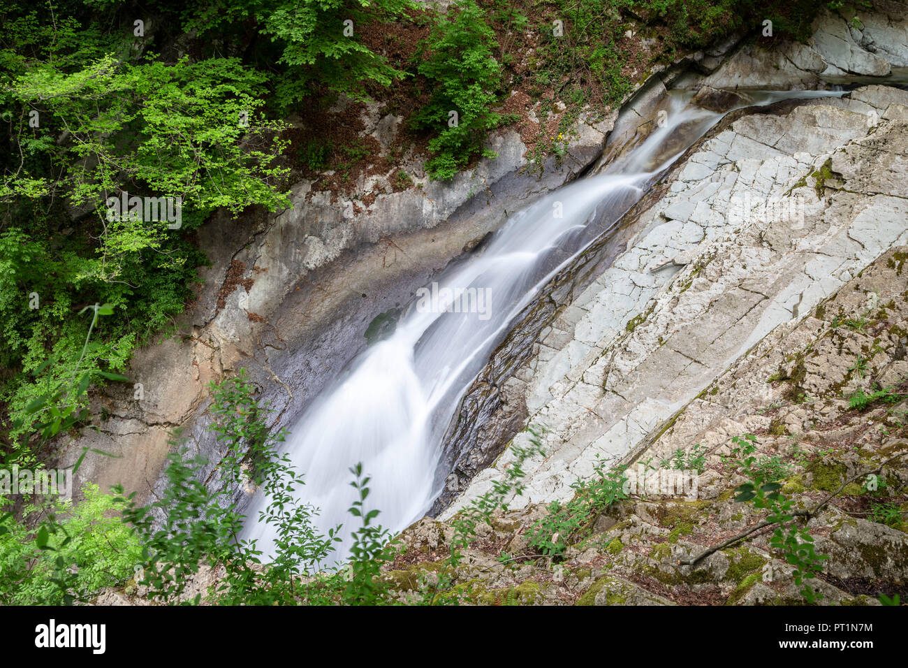 Waterfalls of the river Breggia at Breggia gorges, Muggio Valley, Mendrisio District, Canton Ticino, Switzerland, Stock Photo
