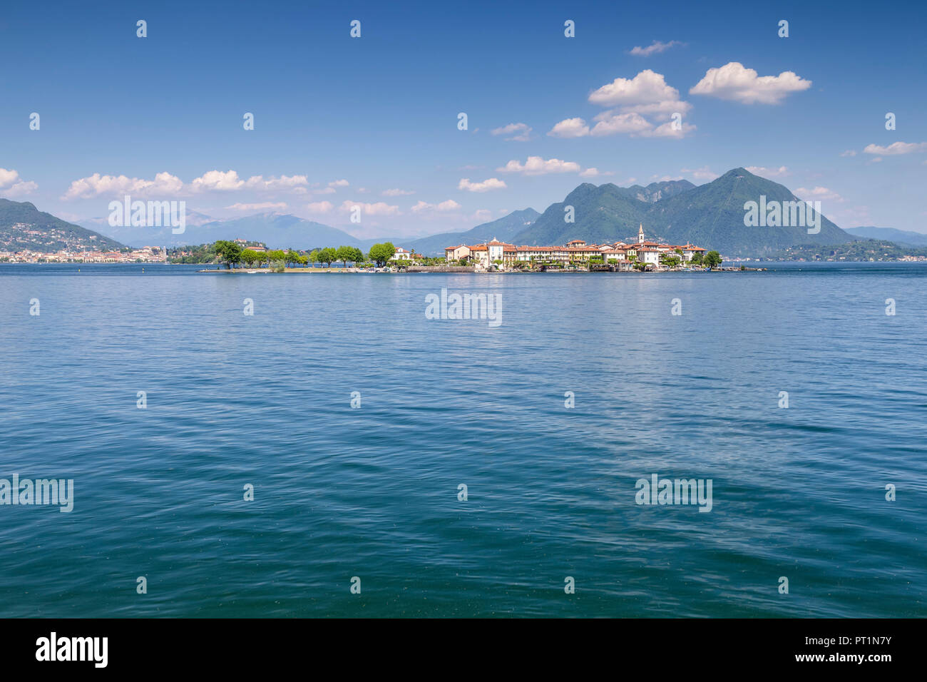 View of the Isola Pescatori from the shore of Baveno in a spring day, Verbano Cusio Ossola, Lago Maggiore, Piedmont, Italy, Stock Photo