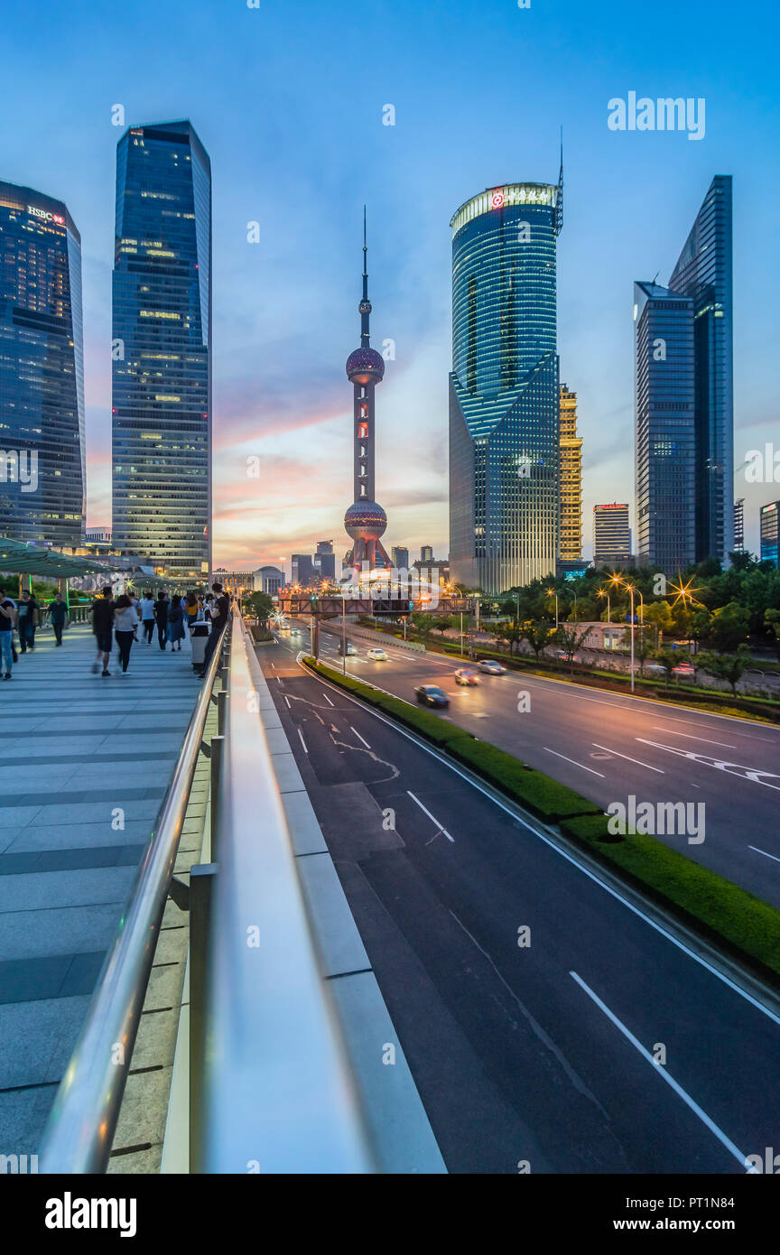 China, Shanghai, Lujiazui, skyline of  at Blue hour Stock Photo