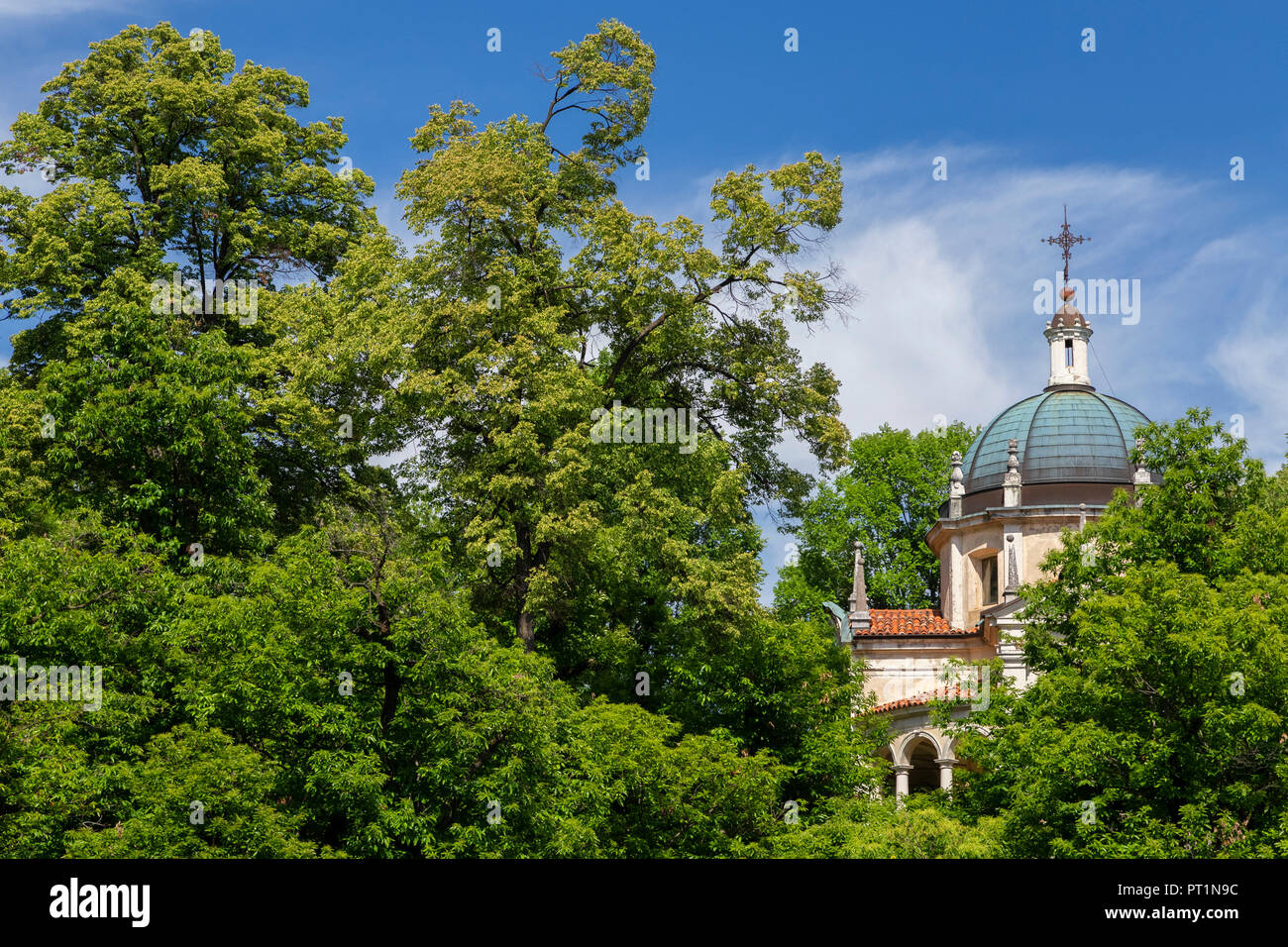 View of the chapels and the sacred way of Sacro Monte di Varese, Unesco World Heritage Site, Sacro Monte di Varese, Varese, Lombardy, Italy, Stock Photo