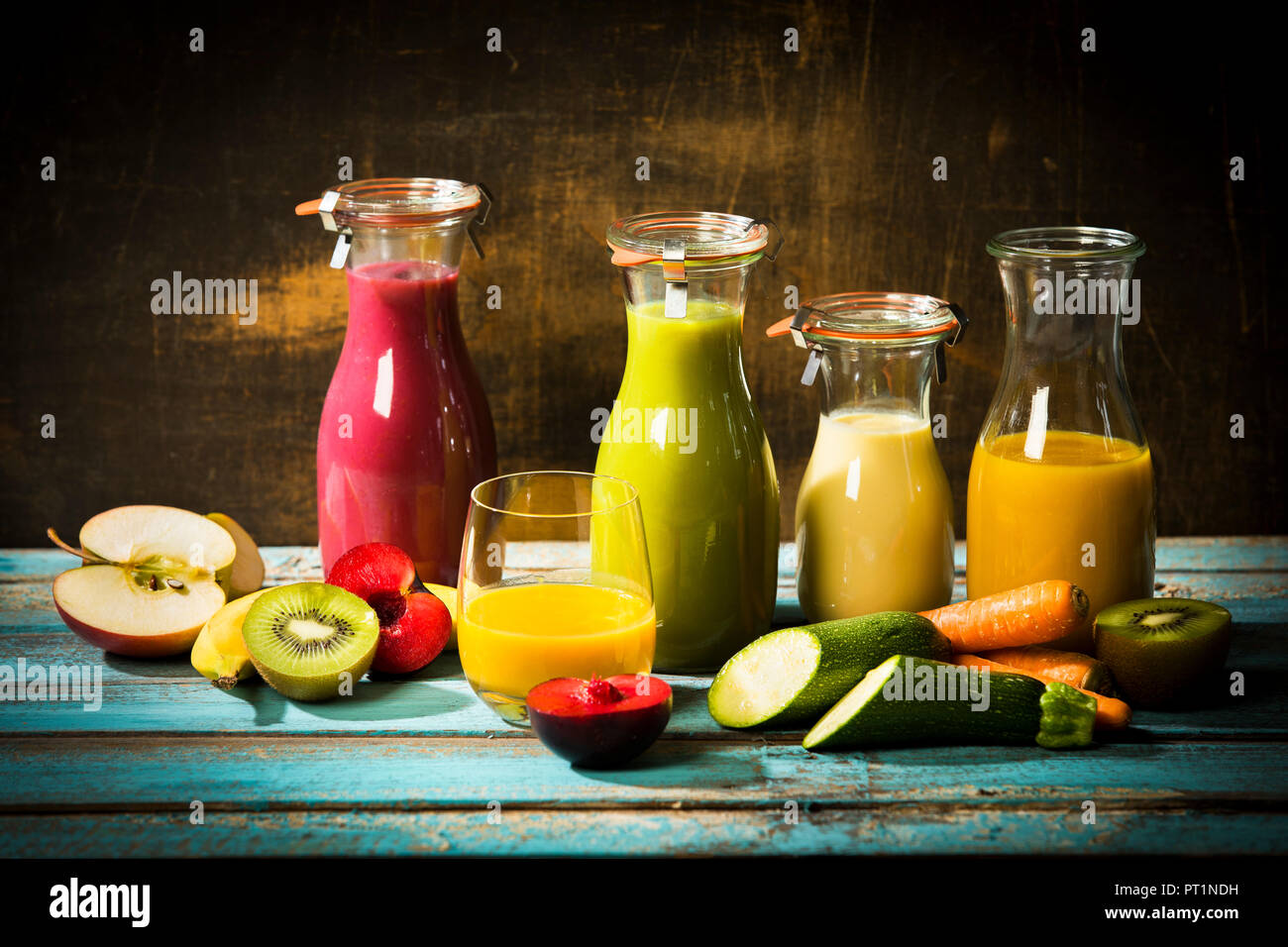 Various smoothies, fruits and vegetables Stock Photo