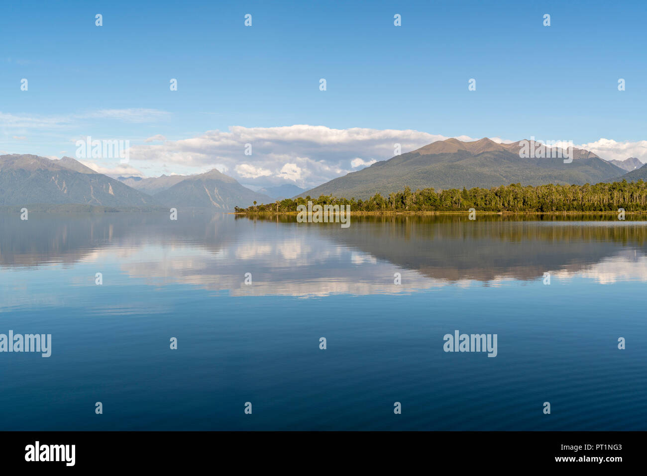 Lake Te Anau and Fiordland National Park mountains from Te Anau Downs ...