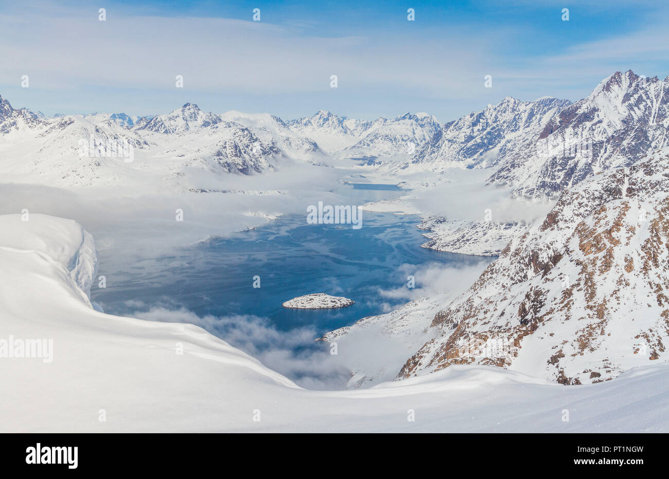 the landscape of a fjord in west coast of Greenland, Artic sea, Denmark Stock Photo