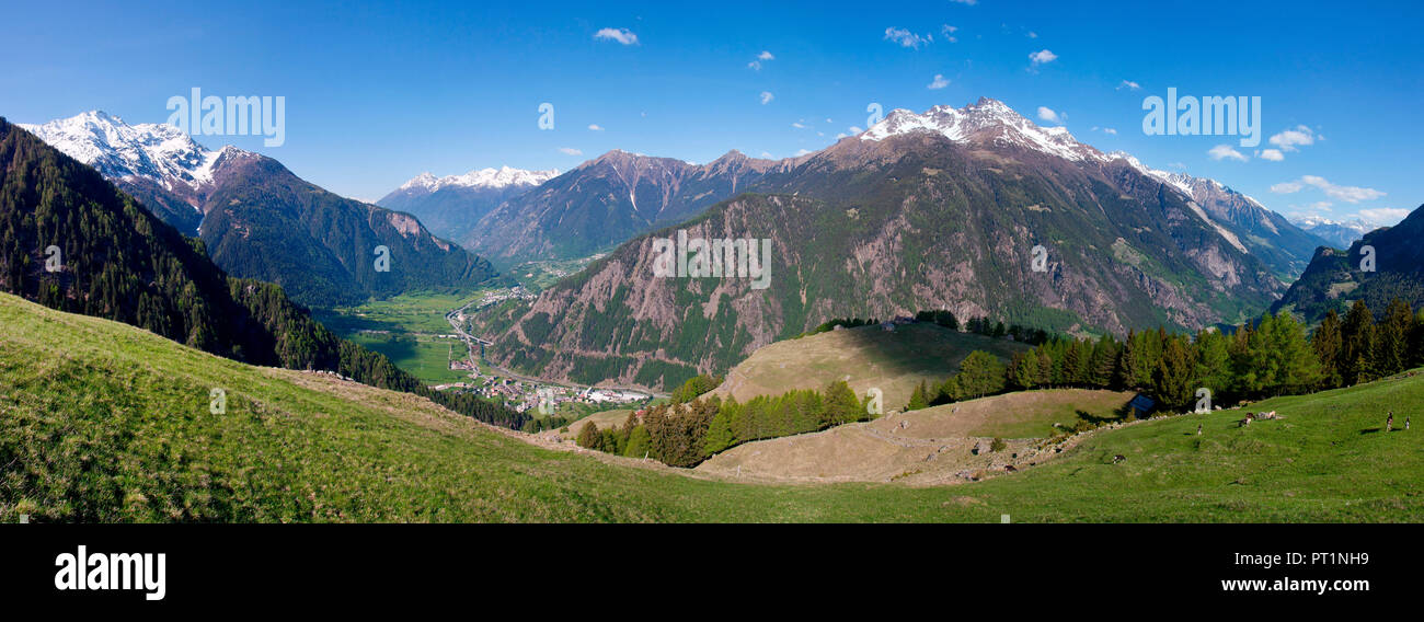 Panoramic view from Scala meadows over Valtellina in Stelvio National