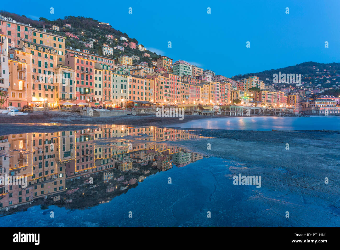 Colourful houses framed with christmas lights of the picturesque village of Camogli, Gulf of Paradise, Portofino National Park, Genoa province, Liguria, Italy Stock Photo