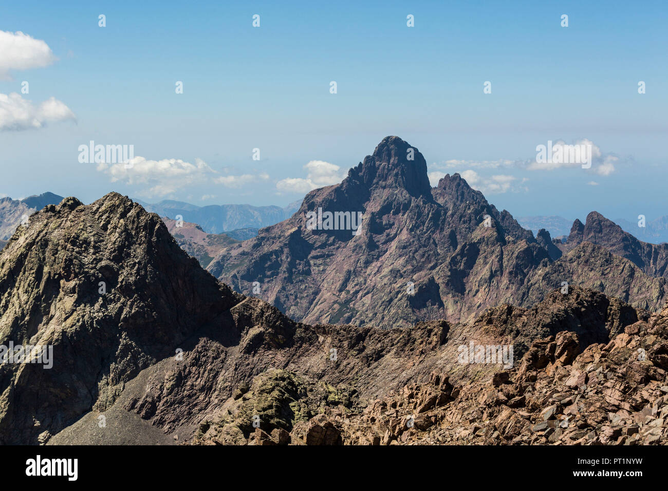 The rocky peak of Paglia Orba seen from Monte Cinto, Haut-Asco, Corte, Corsica, France Stock Photo