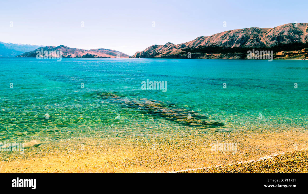 The beautiful beach of Baska in a sunny day, Krk Island, Dalmatia, Adriatic Coast, Croatia, Stock Photo