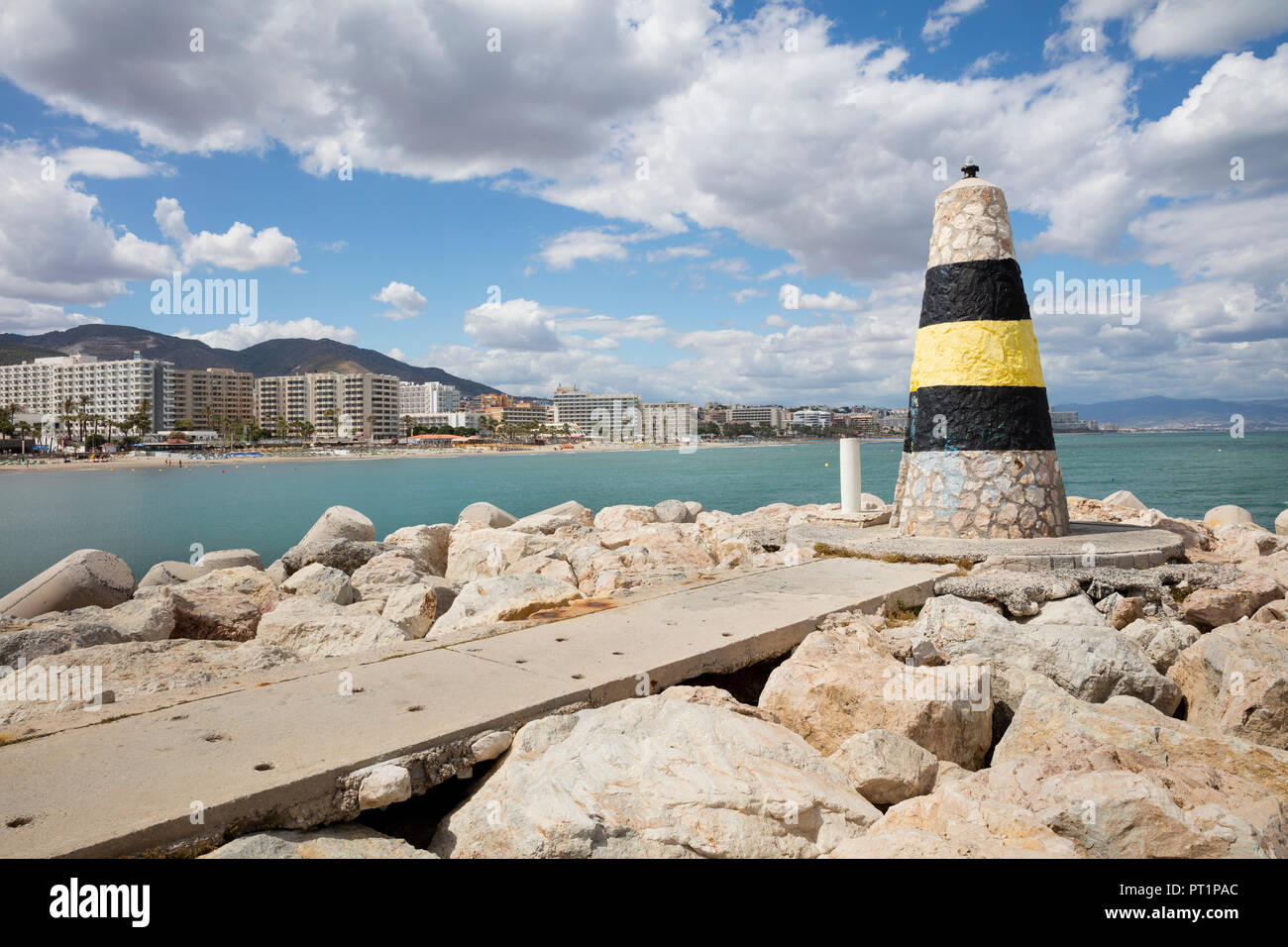 Spain, Andalusia, Torremolinos, Costa del Sol, coast with navigation mark Stock Photo