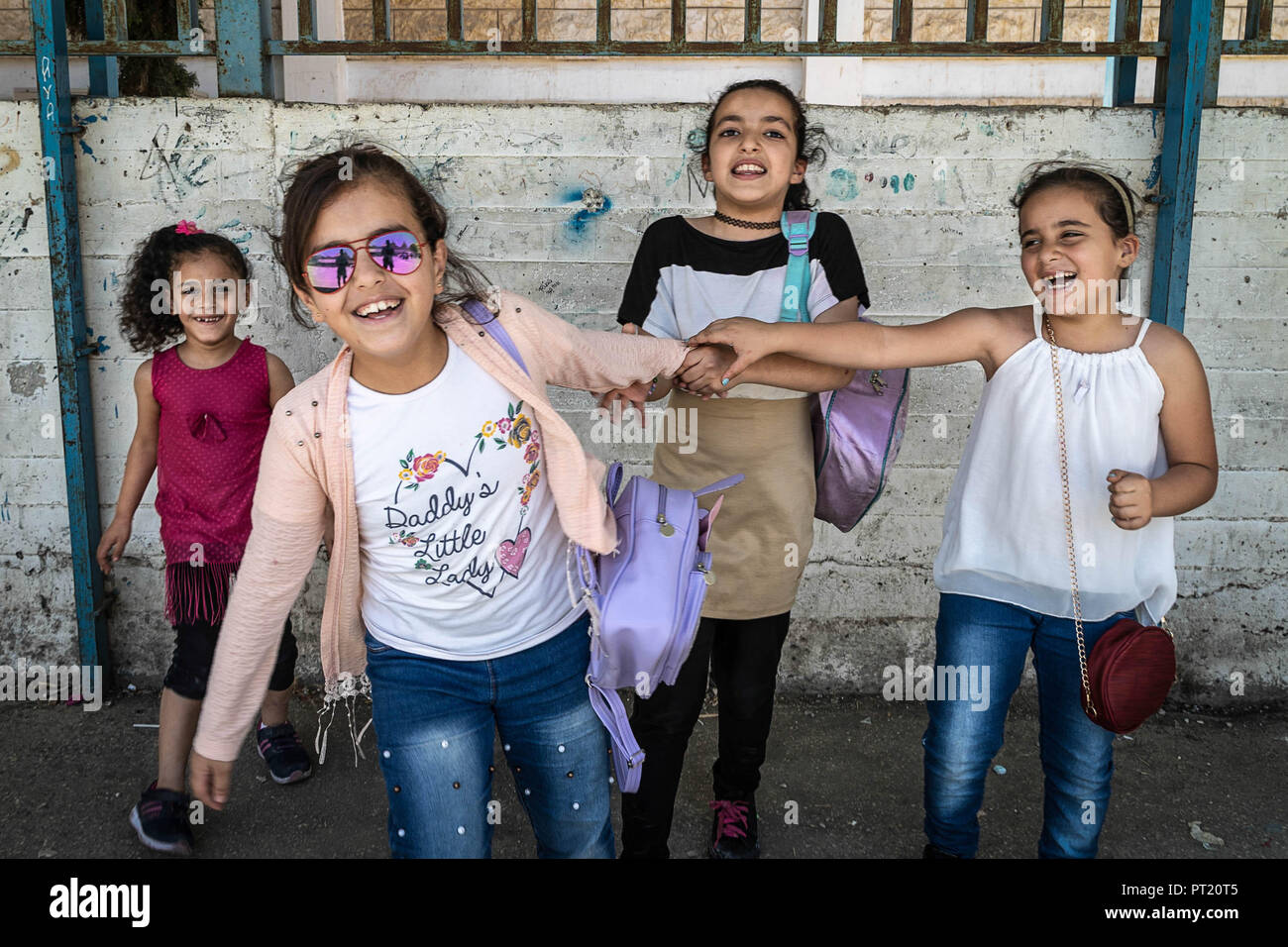 Bethlehem, Palestine. 8th Feb, 2018. Girls seen playing during the summer camp.The Return Summer Camp was organised for children of the Aida refugee camp, it was established in 1950 by the Palestinians who were expelled from their homes from 27 towns throughout Palestine, namely Nasra, Tabaria, Jerusalem, Acre, Jaffa, Haifa and Hebron. This is a 4th generation of refugees, 130 children ranging from 4 to 16 years of age being overlooked by 20 instructors and volunteers and it was funded by the UN until 2000. Credit: Enzo Tomasiello/SOPA Images/ZUMA Wire/Alamy Live News Stock Photo