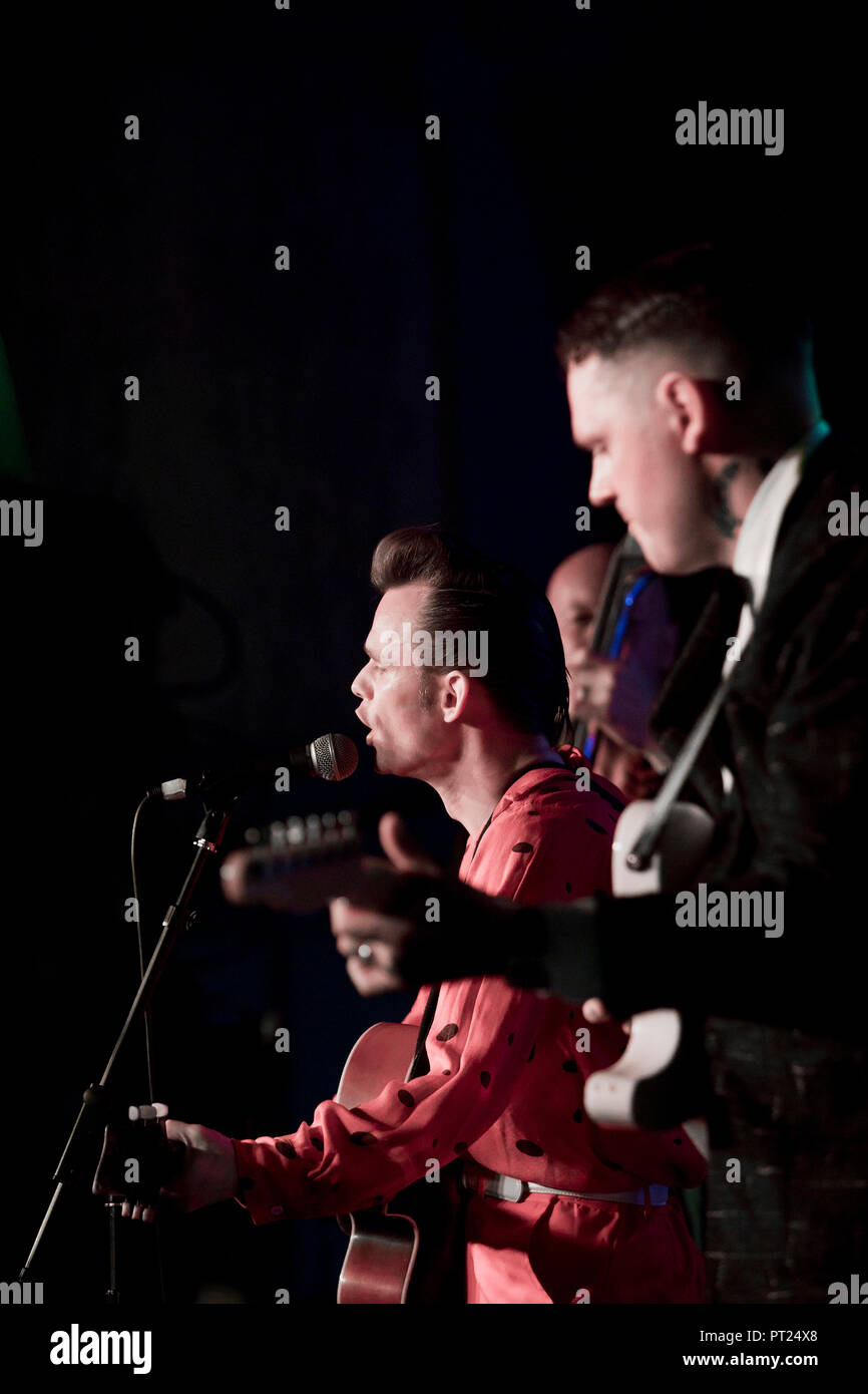 Norfolk, UK. 5 October 2018.  The Danny McVey Trio from England performing at the 61st Hemsby Rock 'n' Roll Weeknder. Credit: Adrian Buck/Alamy Live News Stock Photo