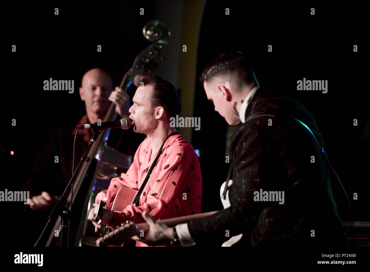 Norfolk, UK. 5 October 2018.  The Danny McVey Trio from England performing at the 61st Hemsby Rock 'n' Roll Weeknder. Credit: Adrian Buck/Alamy Live News Stock Photo
