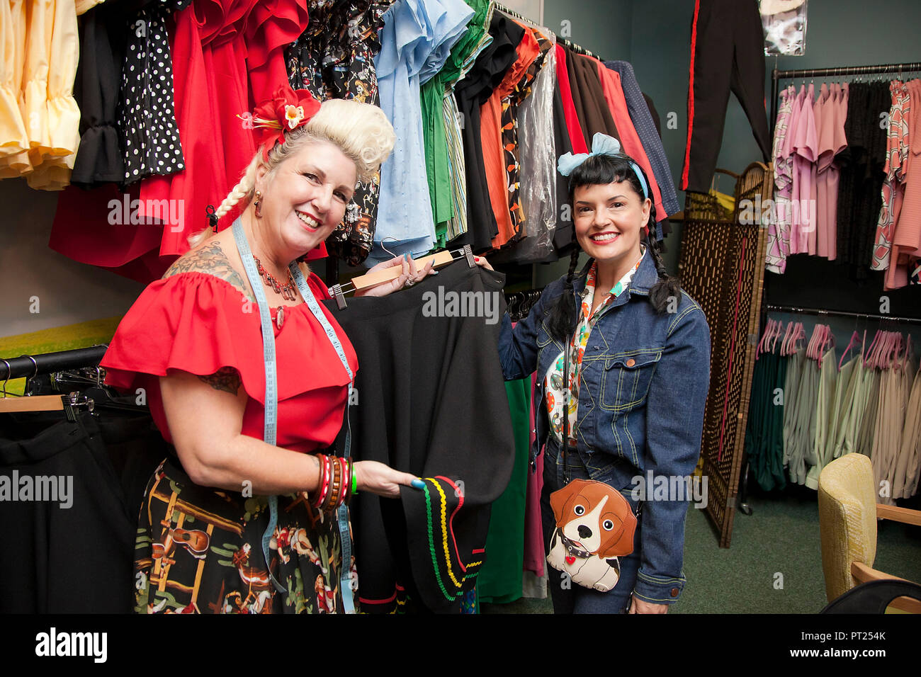 Norfolk UK. 5 October 2018. Beth Dunne with American model and fashion designer Bernie Dexter at Beth s Flamin Star fashion stall at the last Hemsby Rock n Roll Weekender in Norfolk England