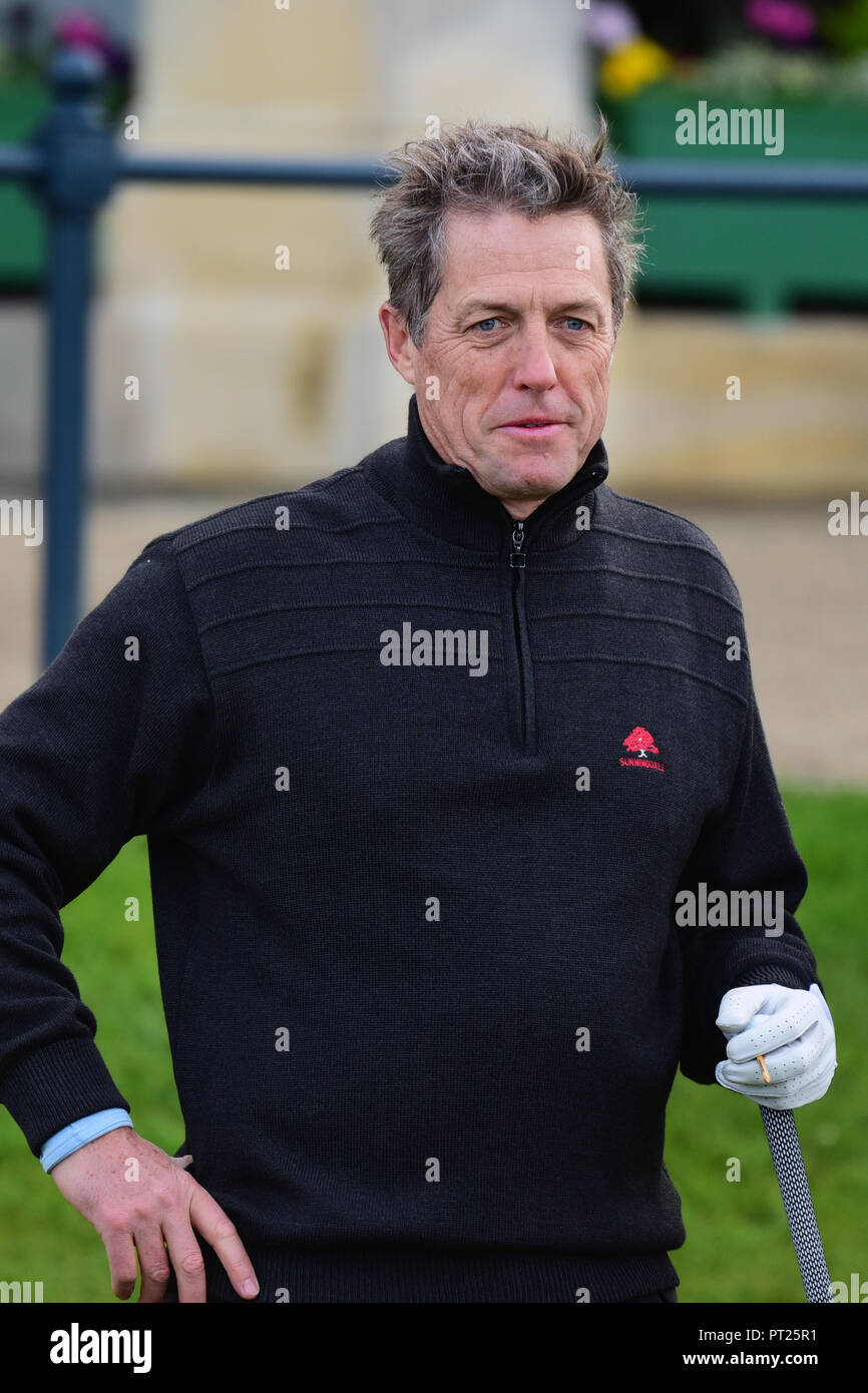 St Andrews, Scotland, UK. 6 October 2018. Actor and producer Hugh Grant on the first tee of the Old Course, St Andrews, on Day 3 of the Dunhill Links Championship. © Ken Jack / Alamy Live News Stock Photo