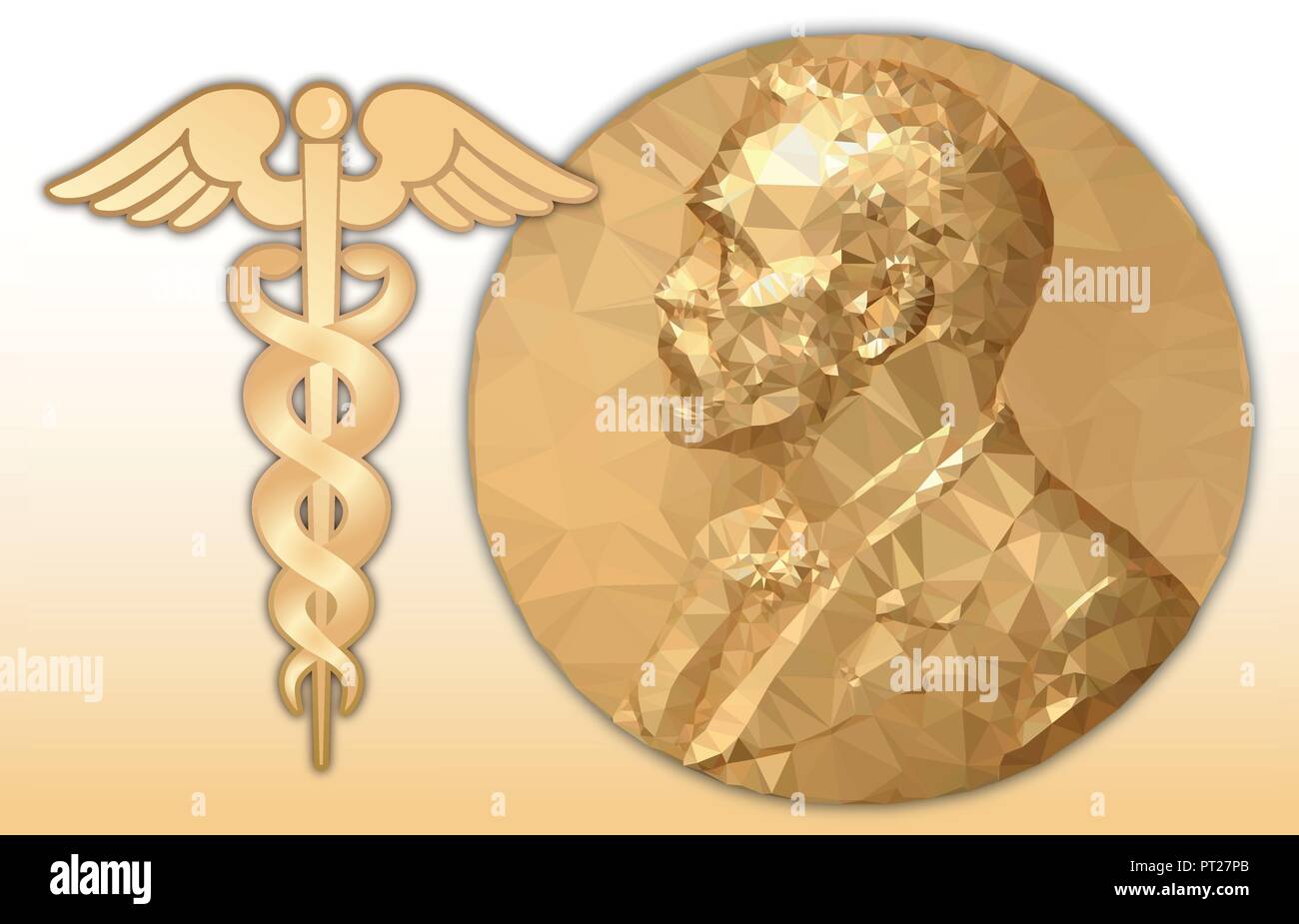 Nobel medicine award, gold polygonal medal and medicine symbol Stock Vector