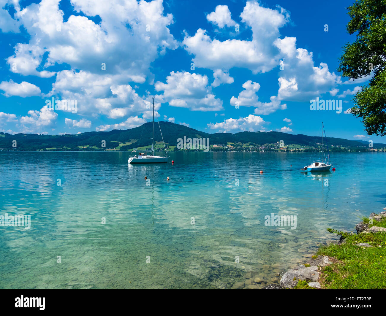 Austria, Salzkammergut, Boats on Lake Traunsee Stock Photo