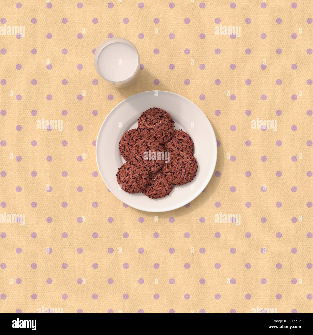 3D rendering, Chocolate cookies on table cloth with polka dots Stock Photo