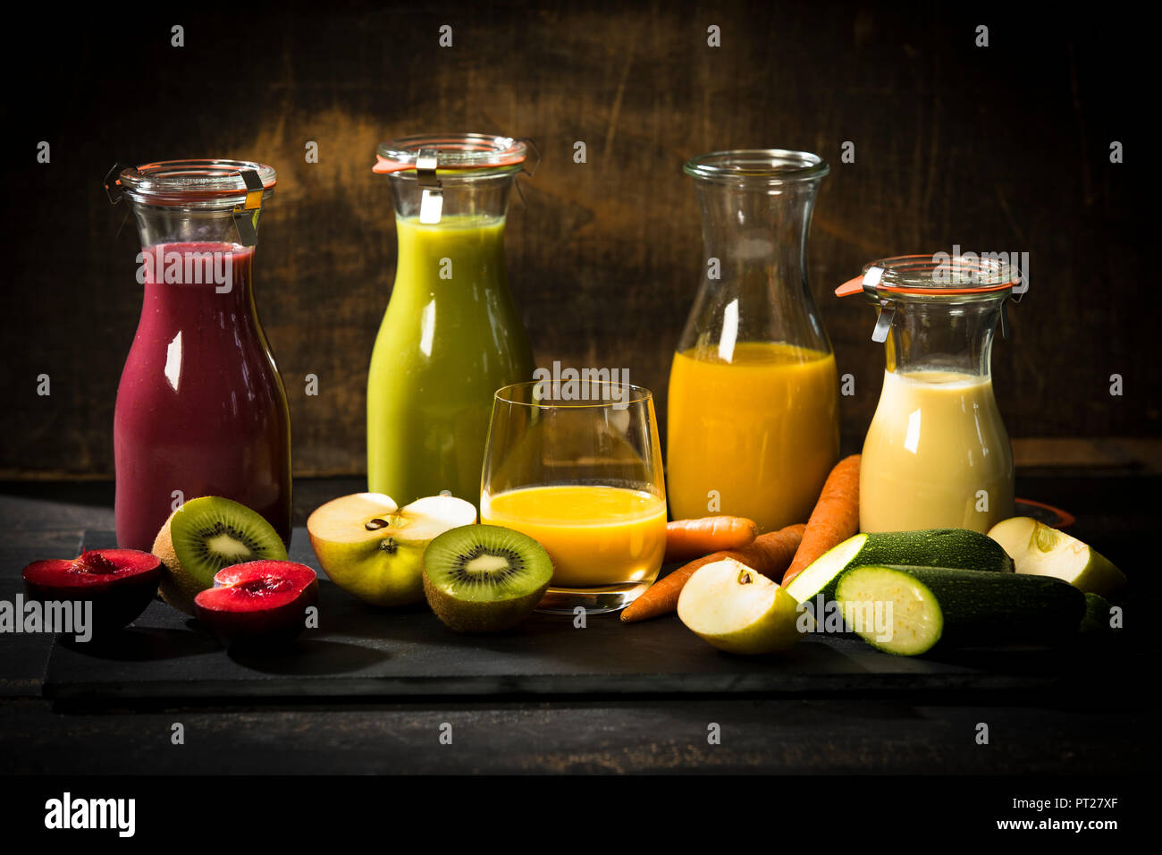 Various smoothies, fruits and vegetables Stock Photo