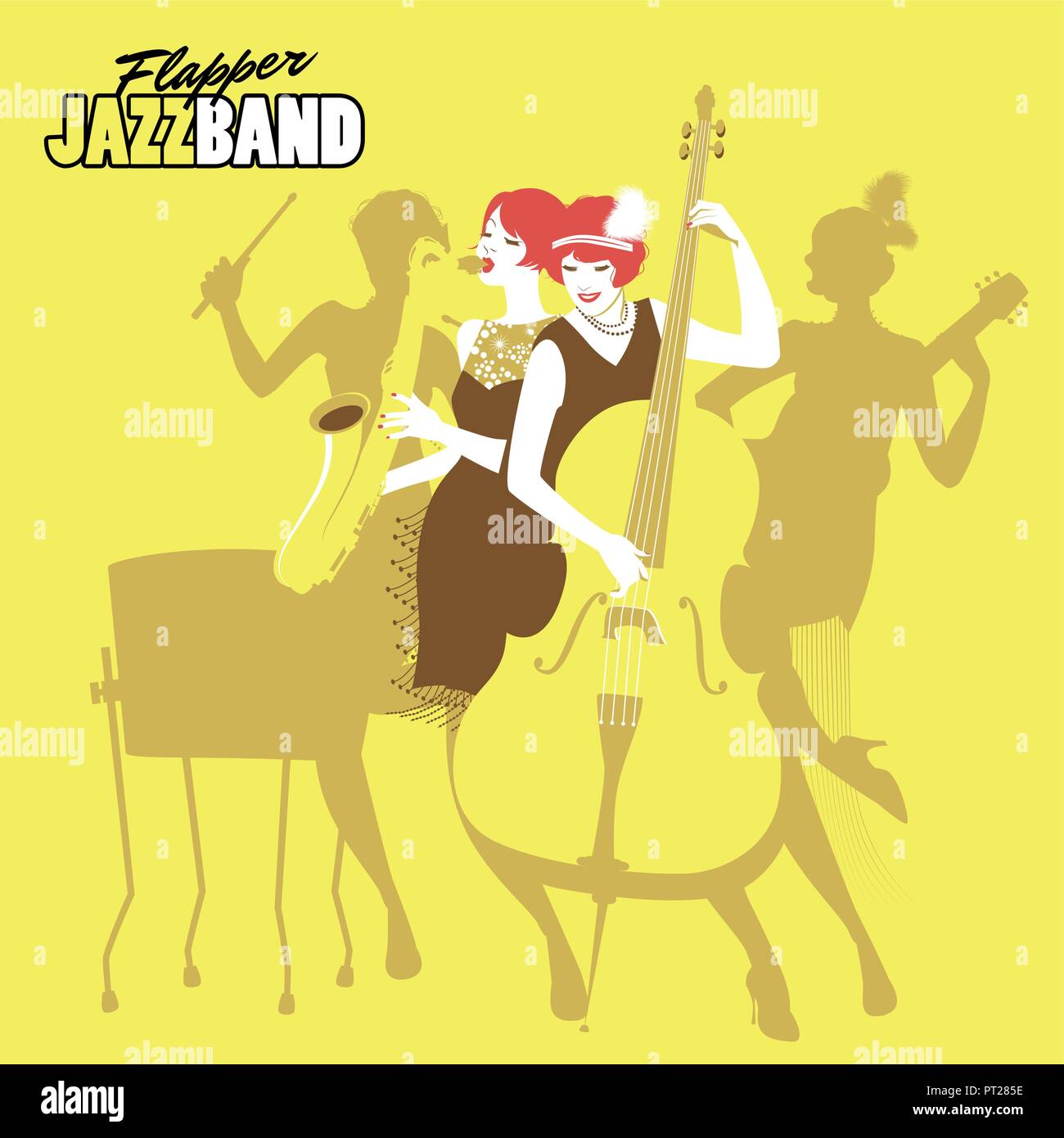 Ladies Jazz Orchestra. Four flapper girls playing music. Vector Illustration Stock Vector
