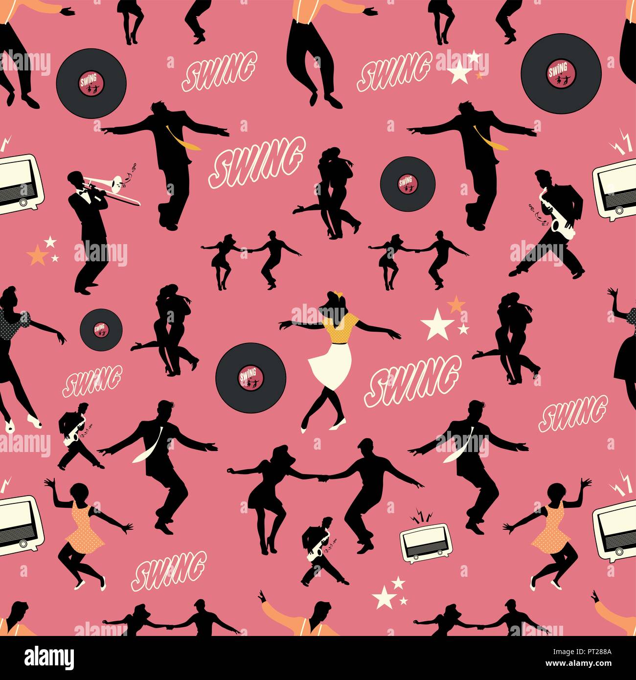 Swing dance pattern. Dancers and musicians. Retro style. Seamless Stock