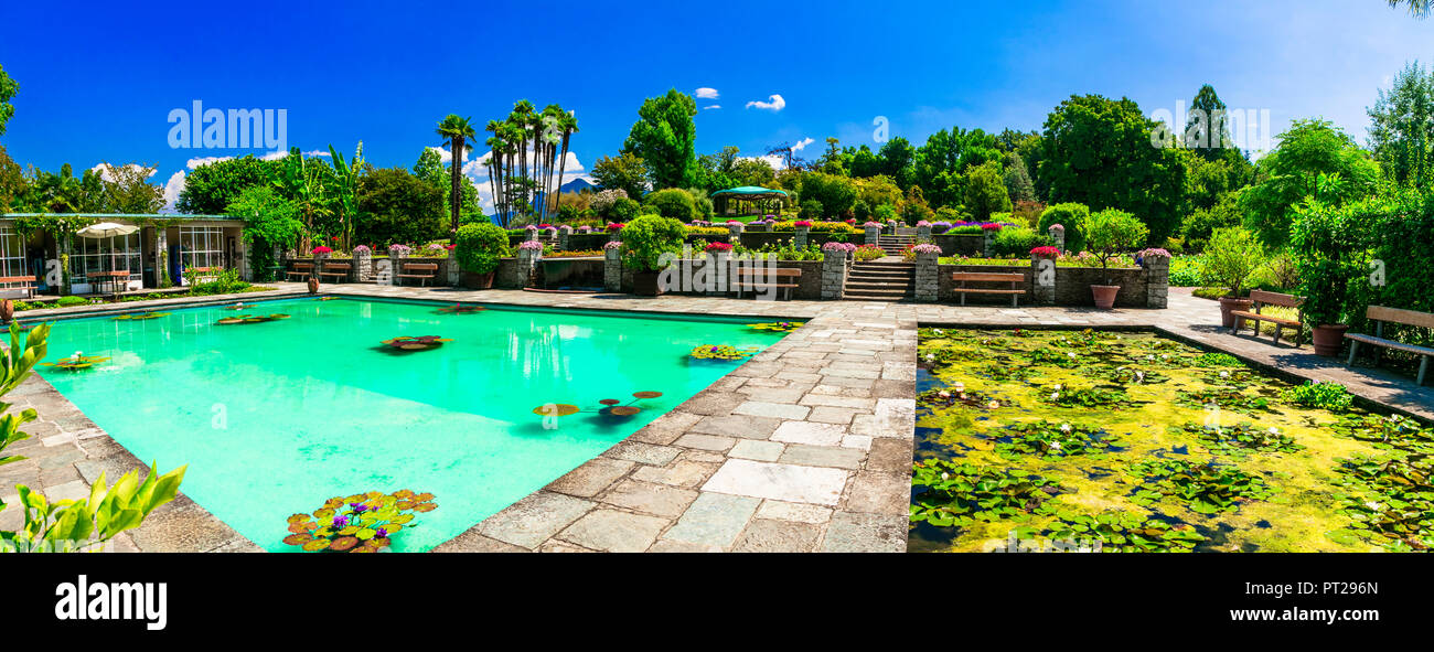 Beautiful Villa Taranto lake Maggiore,,view with pool and gardens,North Italy. Stock Photo