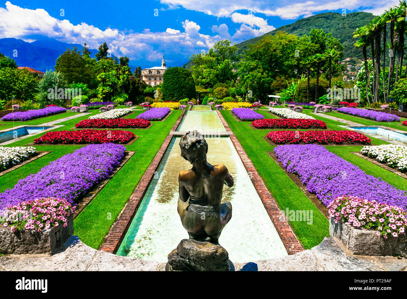 Beautiful Villa Taranto,view with beautiful gardens and flowers,Lake Maggiore,North Italy. Stock Photo