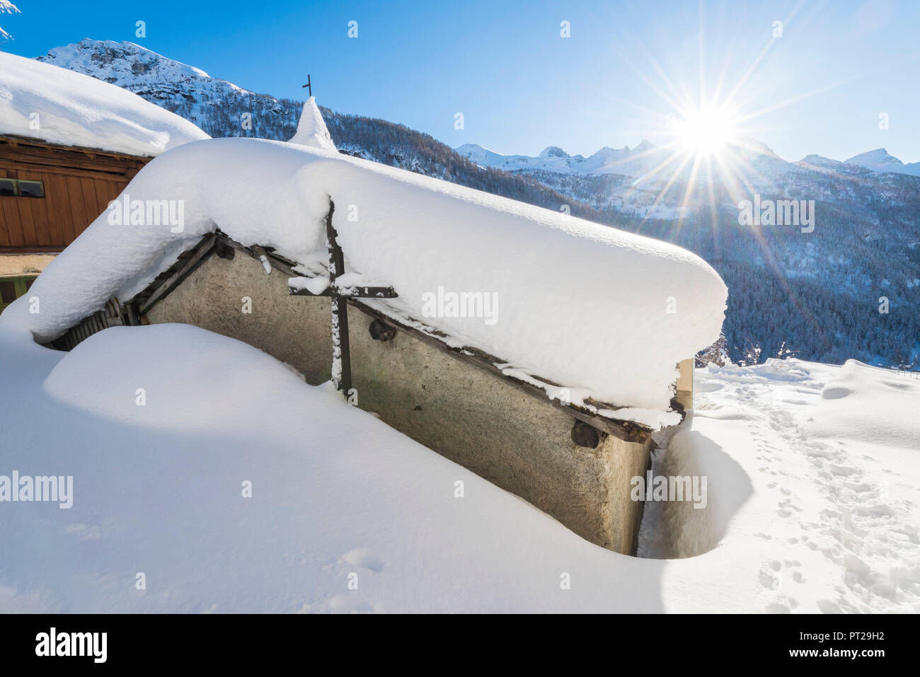 The little church of Fiery, Val d'Ayas, Aosta Valley, Italian alps, Italy Stock Photo