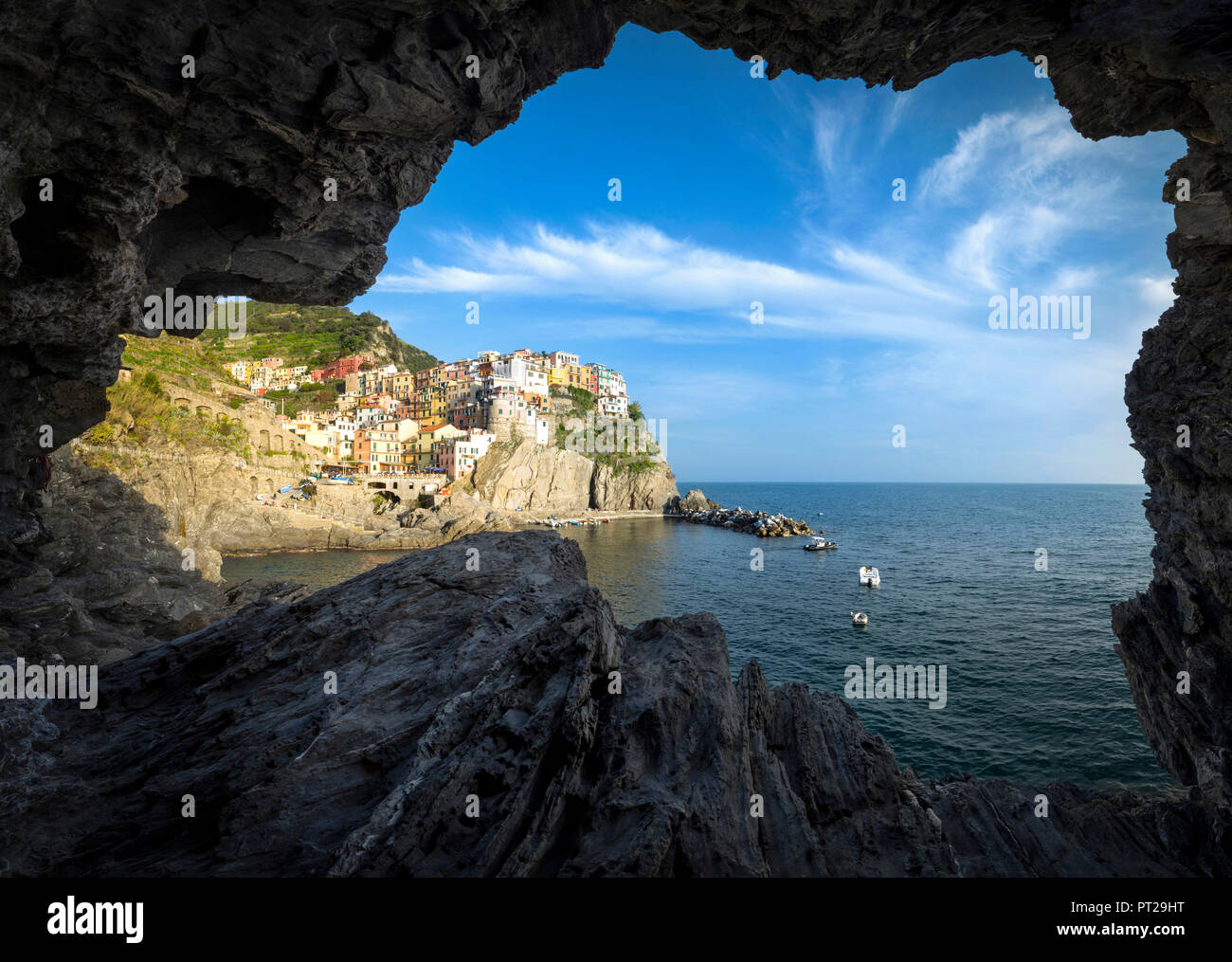 Manarola village, view from grotto, La Spezia district, Liguria, Italy Stock Photo