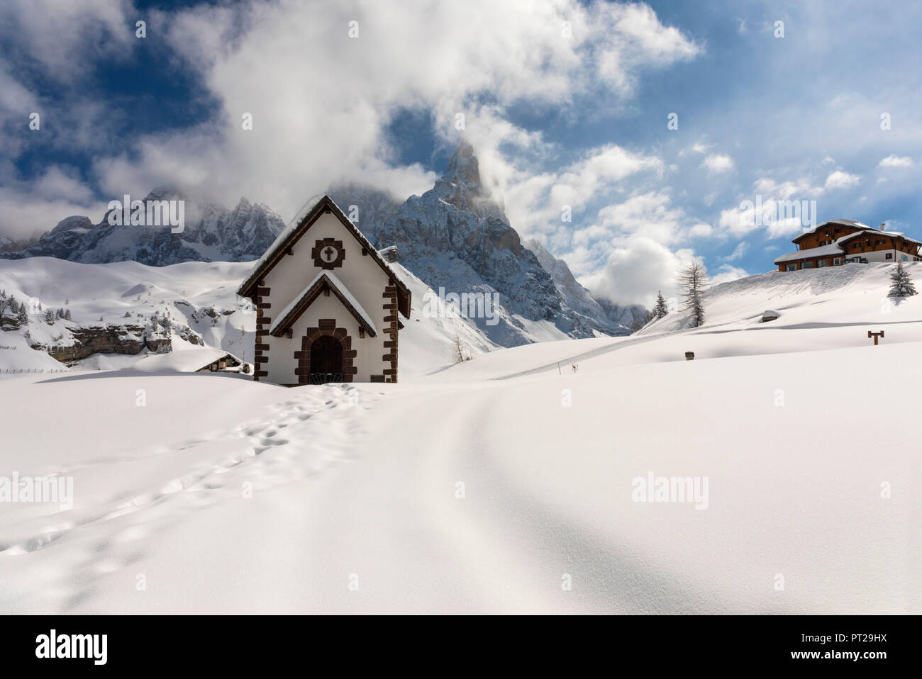 Pale di San Martino mountains, View of Passo Rolle, San Martino di Castrozza village, Trento district, Trentino Alto Adige, Italy Stock Photo