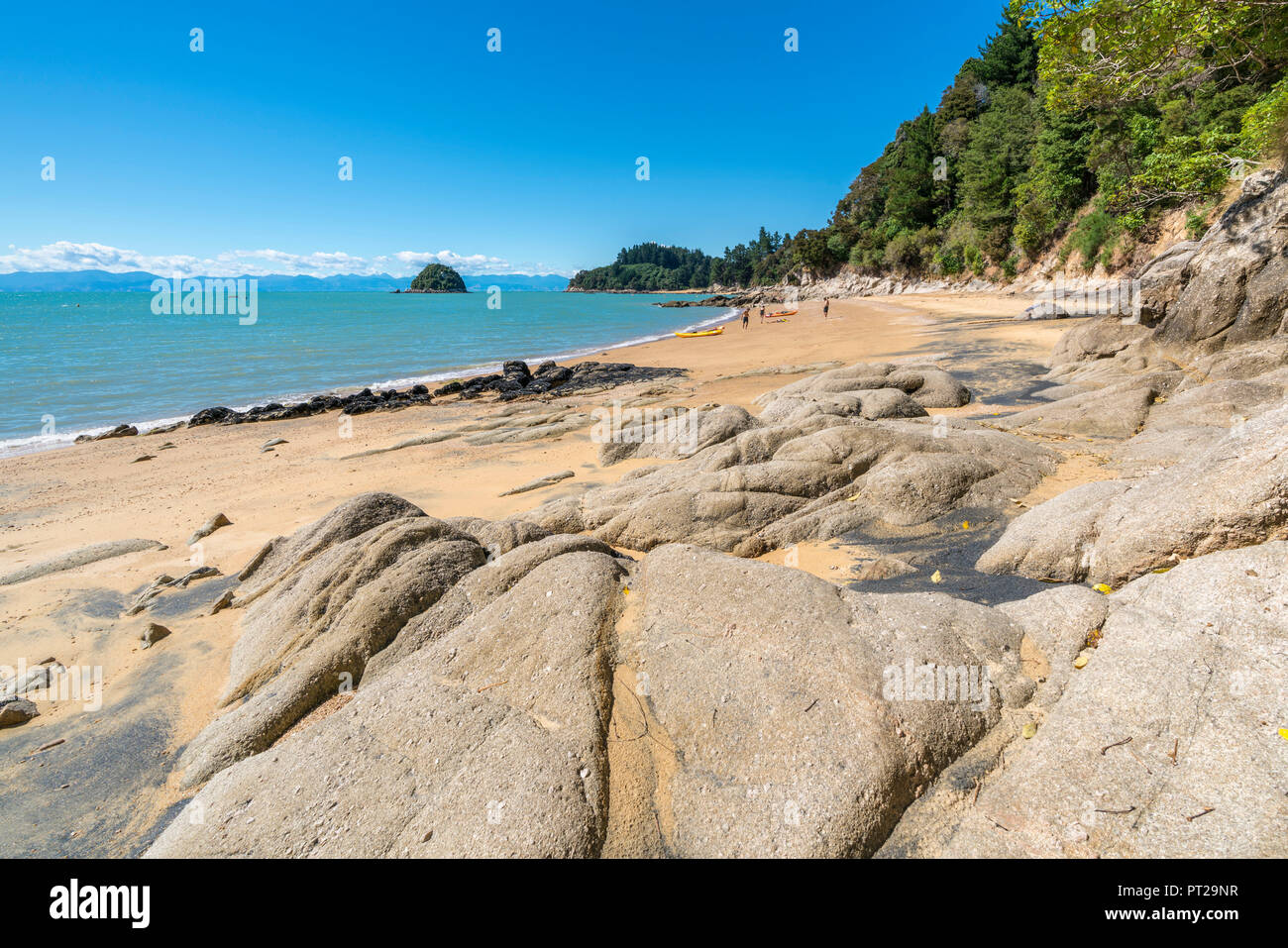 Split Apple Rock Beach in summer, Kaiteriteri, Tasman region, South Island, New Zealand, Stock Photo
