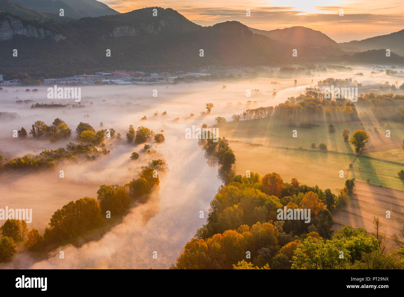The mists of Adda river, Airuno, Adda Nord park, Lecco province, Brianza, Lombardy, Italy, Europe Stock Photo