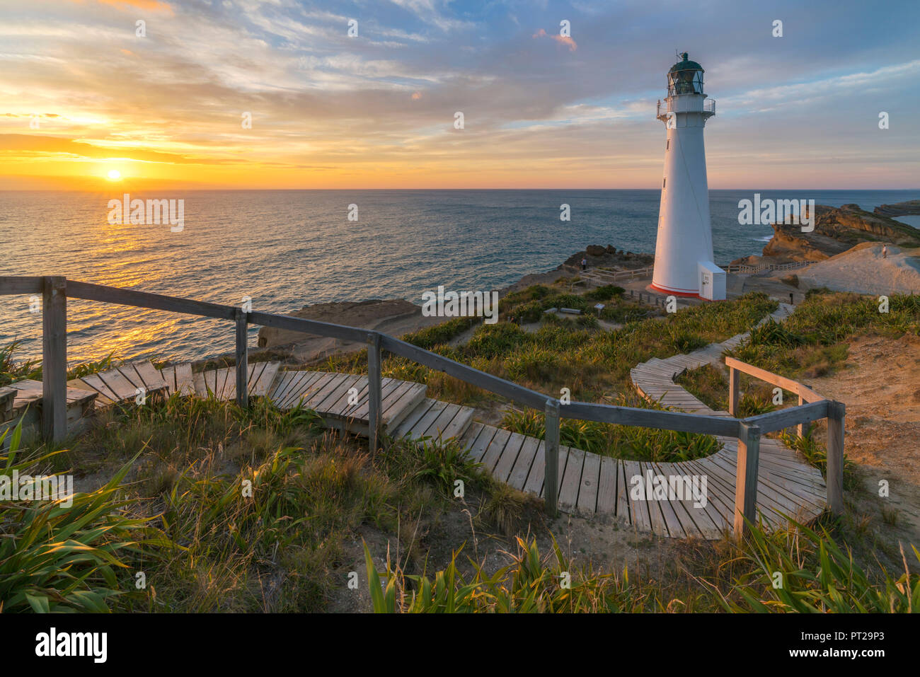 Castlepoint lighthouse at dawn, Castlepoint, Wairarapa region, North Island, New Zealand, Stock Photo