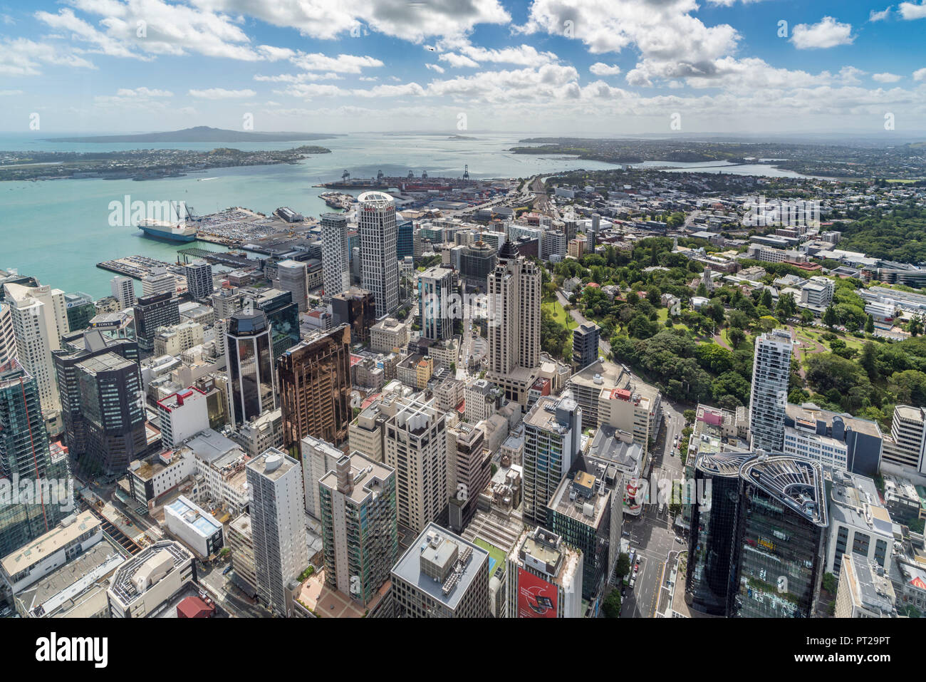 View of the city harbour and Devonport from Sky Tower, Auckland City, Auckland region, North Island, New Zealand, Stock Photo